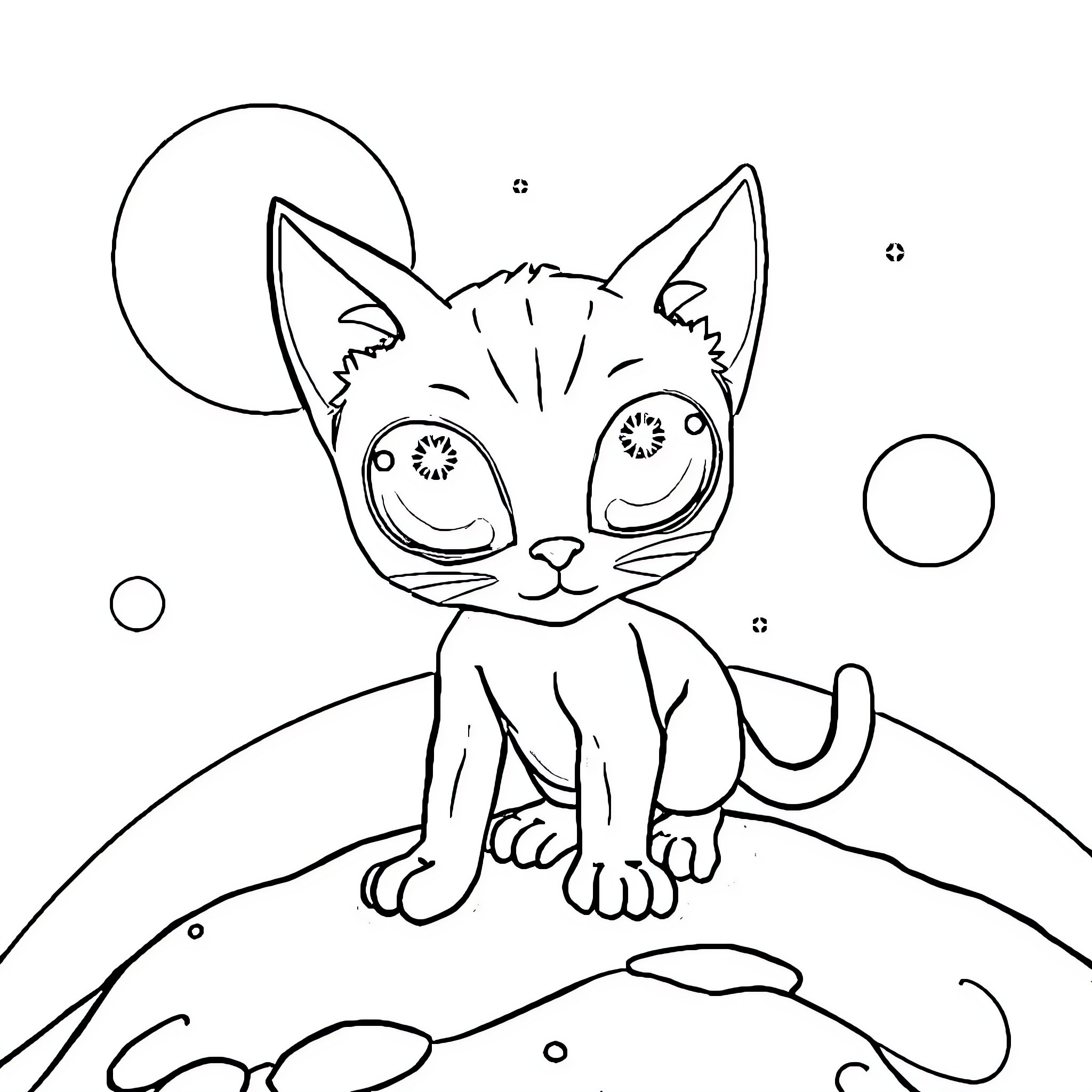 Alien Cat exploring the cosmic landscape Coloring Page (free black-and-white line drawing printable PDF for all, from beginners to advanced learners, including children, teens, adults, and seniors)