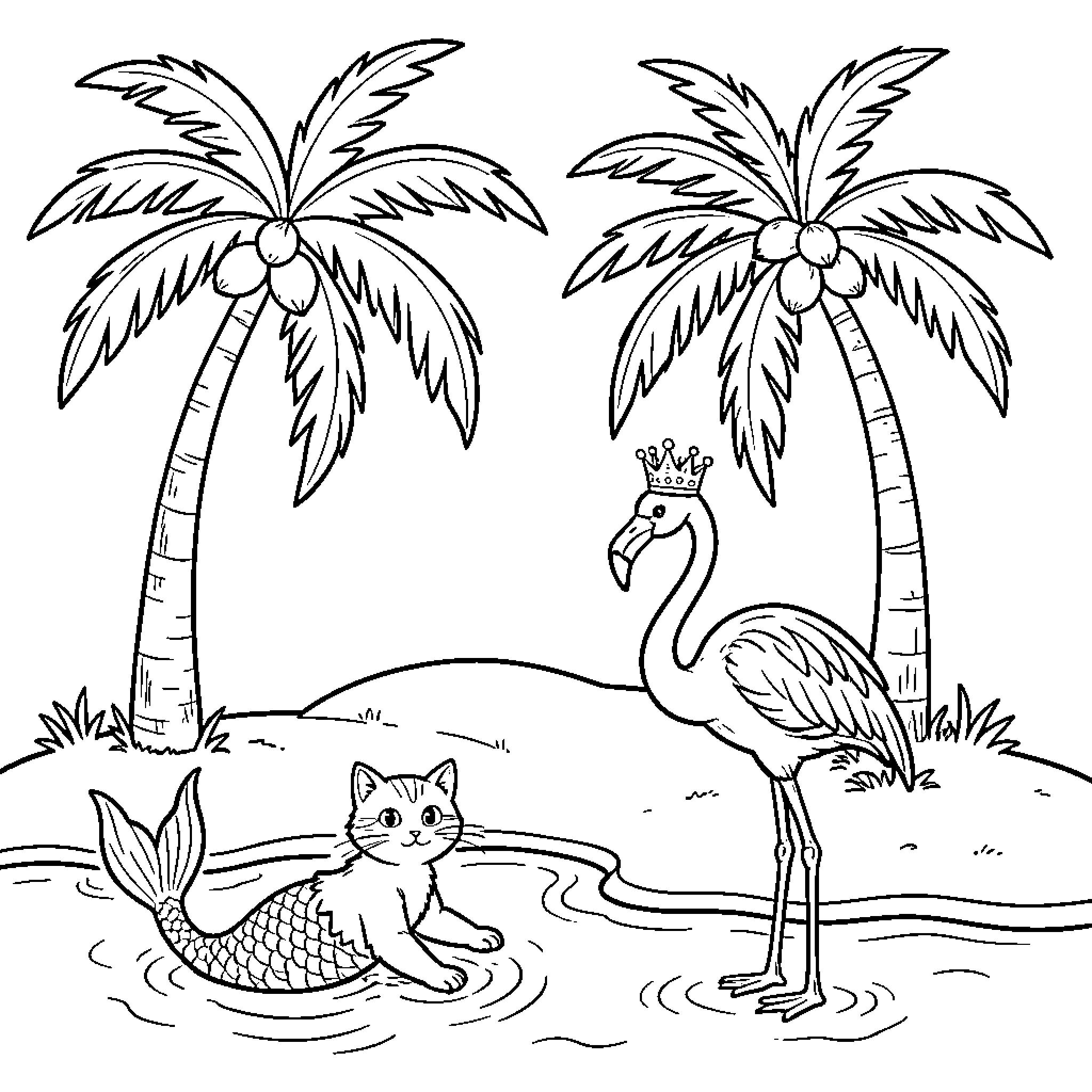 Mermaid cat playing in water near a flamingo Coloring Page (free black-and-white line drawing printable PDF for all, from beginners to advanced learners, including children, teens, adults, and seniors)