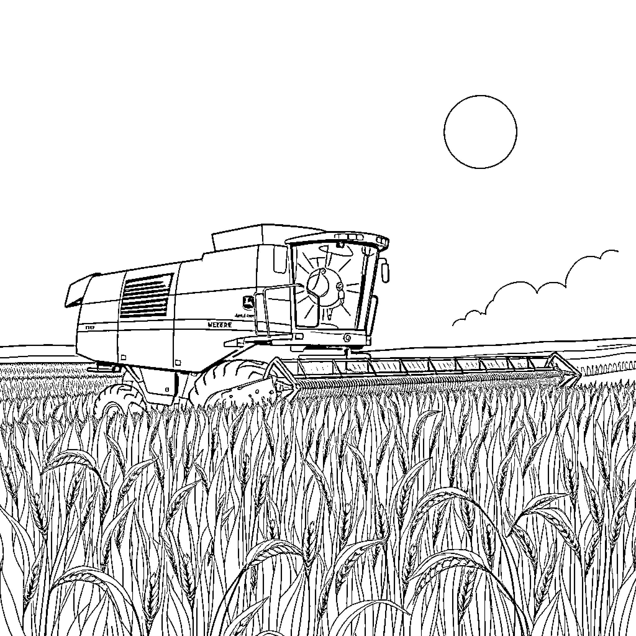 Combine harvesting in the countryside Coloring Page (free black-and-white line drawing printable PDF for all, from beginners to advanced learners, including children, teens, adults, and seniors)