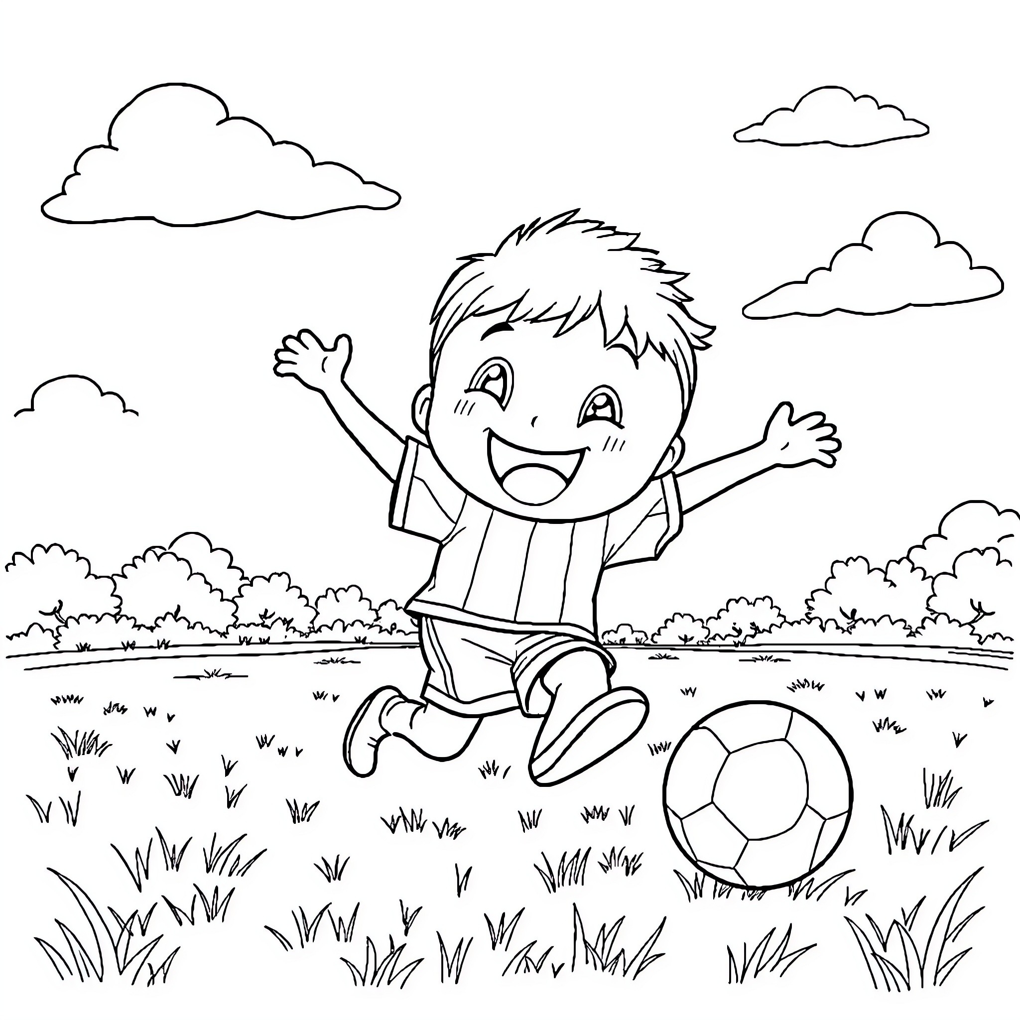 Bulbulbi Boy Joyfully Playing Soccer in the Park Coloring Page (free black-and-white line drawing printable PDF for all, from beginners to advanced learners, including children, teens, adults, and seniors)