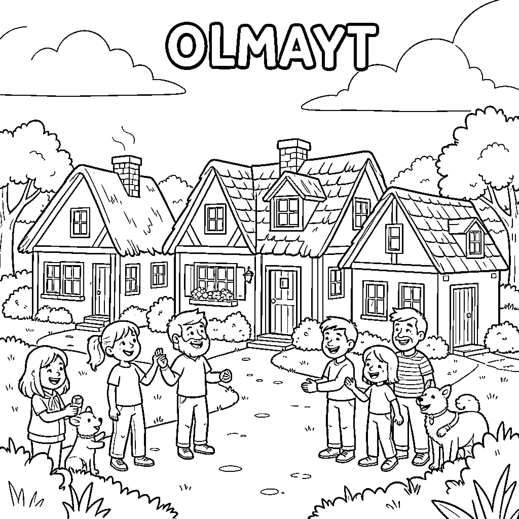 Olmayt Peaceful Neighborhood Gathering Coloring Page (free black-and-white line drawing printable PDF for all, from beginners to advanced learners, including children, teens, adults, and seniors)