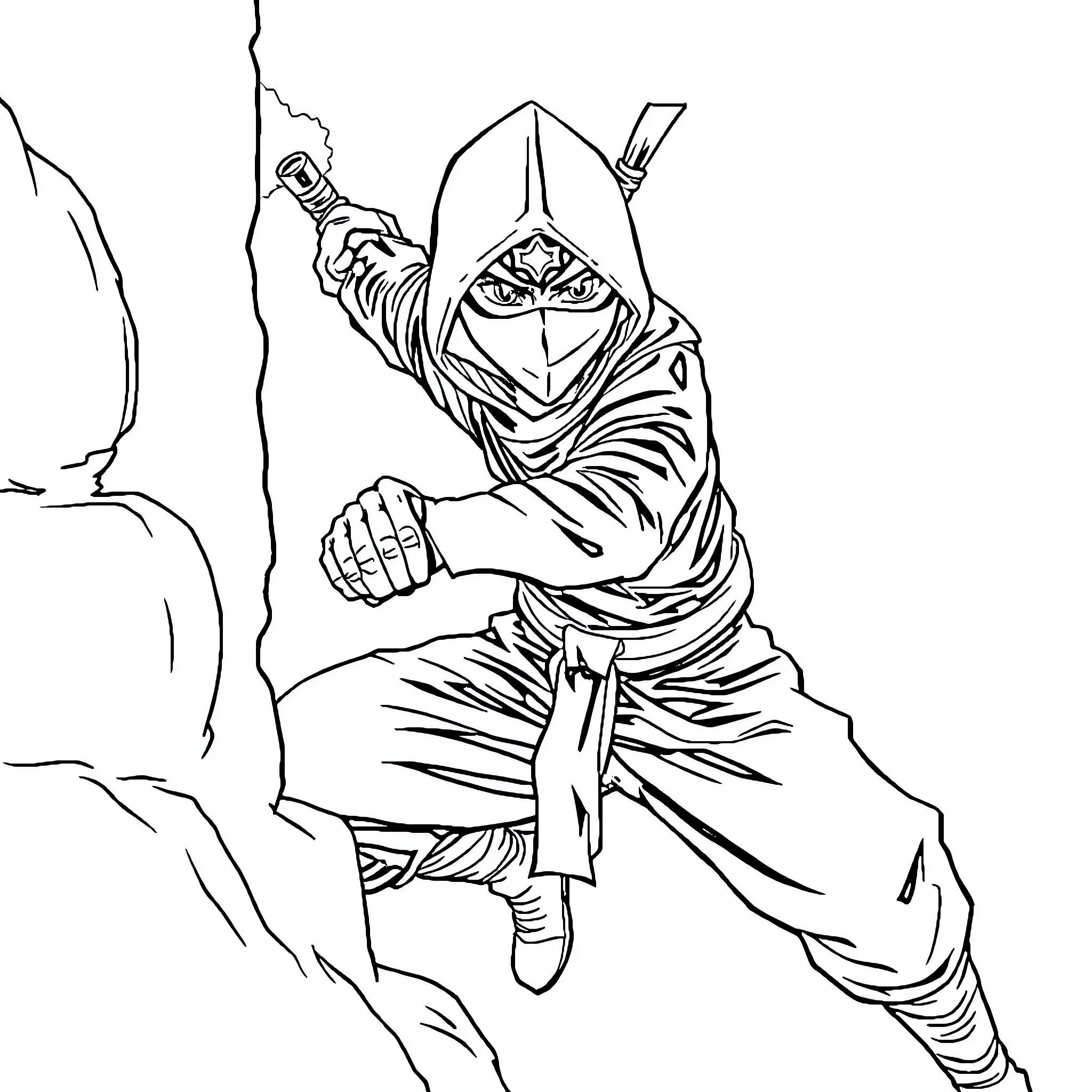 Ninja sneaking through the shadows with stealth Coloring Page (free black-and-white line drawing printable PDF for all, from beginners to advanced learners, including children, teens, adults, and seniors)