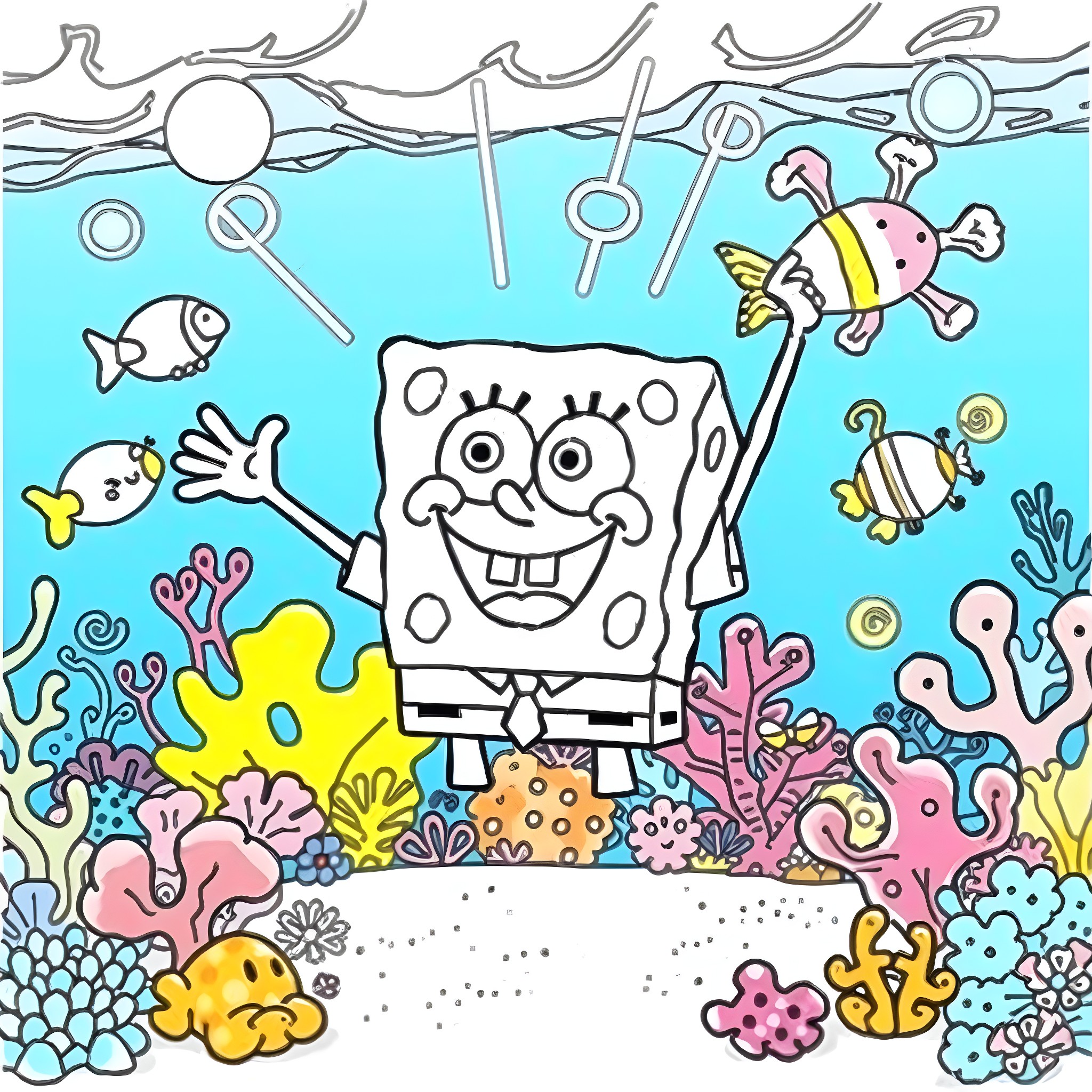 Spongebob's Underwater Adventure Coloring Page (free black-and-white line drawing printable PDF for all, from beginners to advanced learners, including children, teens, adults, and seniors)
