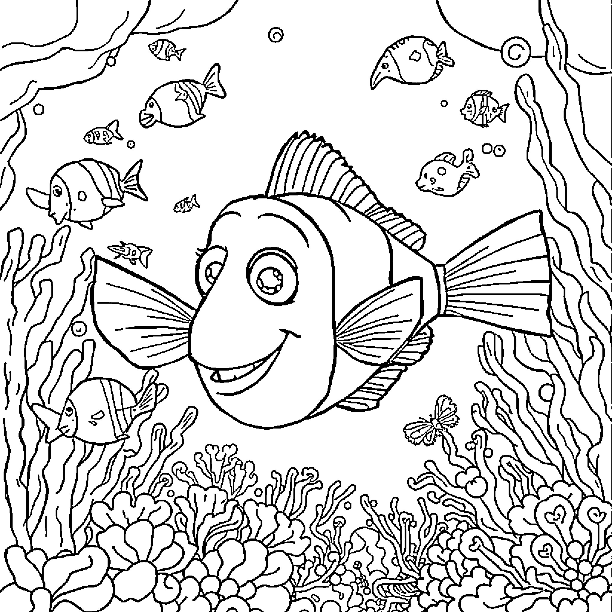 Nemo and friends explore the vibrant underwater world Coloring Page (free black-and-white line drawing printable PDF for all, from beginners to advanced learners, including children, teens, adults, and seniors)