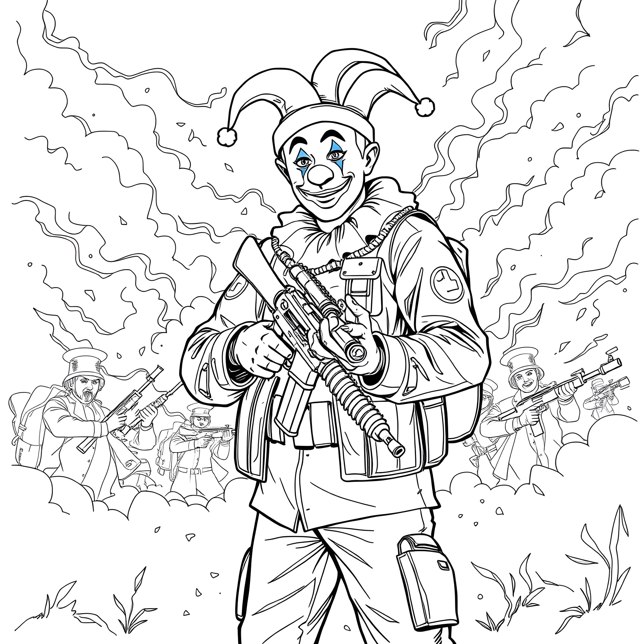 Soldier in Combat with Jester-like Outfit Coloring Page (free black-and-white line drawing printable PDF for all, from beginners to advanced learners, including children, teens, adults, and seniors)