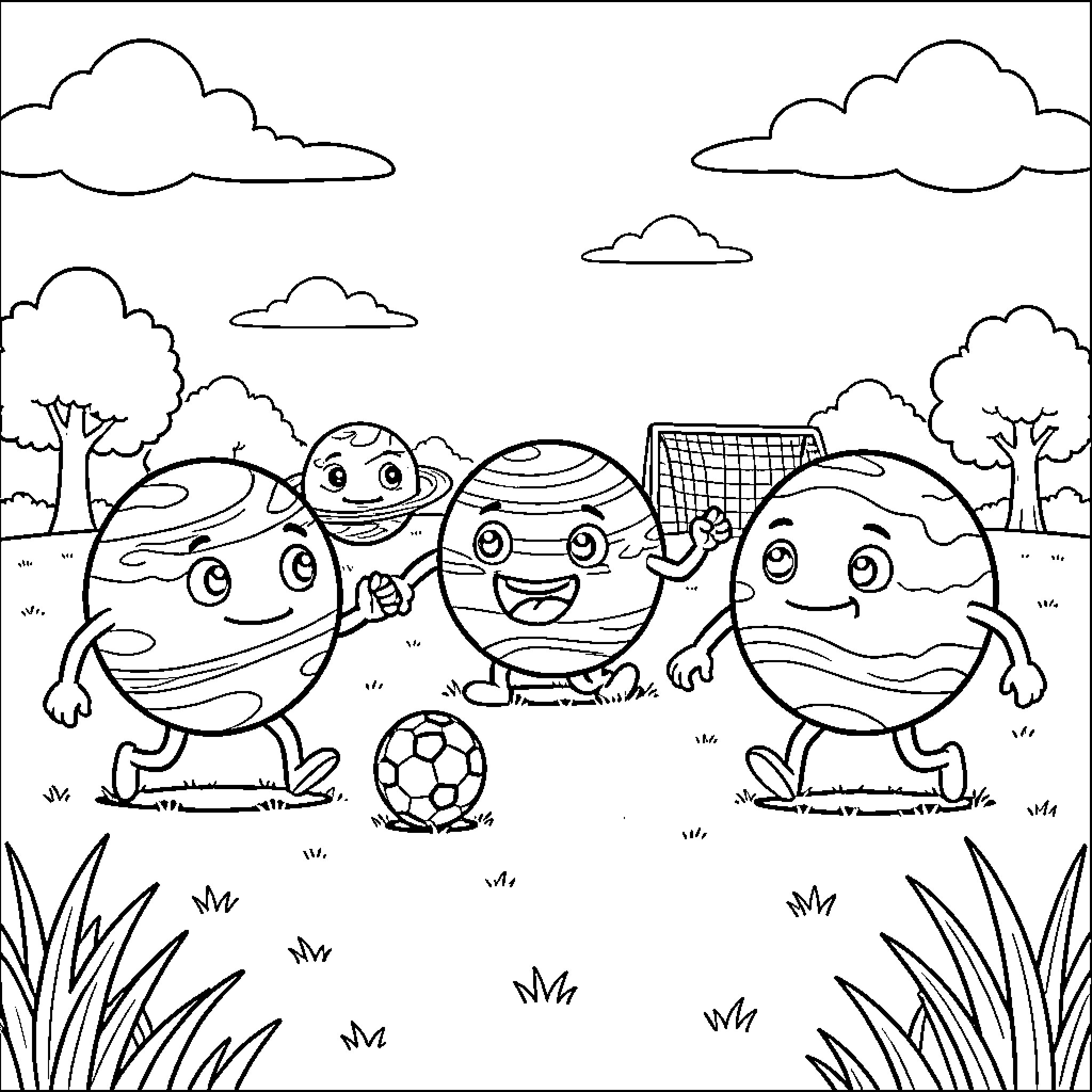 Planet characters playing soccer in a grassy field Coloring Page (free black-and-white line drawing printable PDF for all, from beginners to advanced learners, including children, teens, adults, and seniors)
