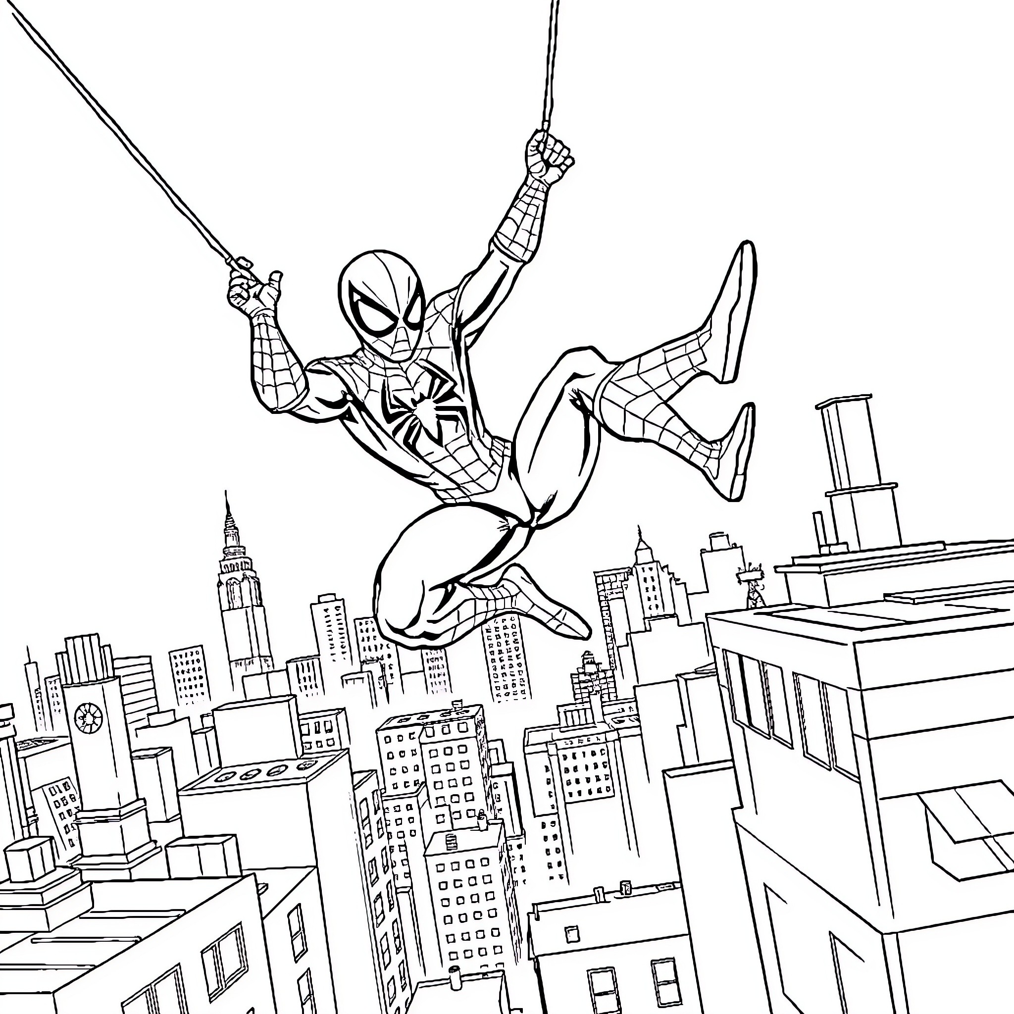 Spider-Man swinging through the city skyline Coloring Page (free black-and-white line drawing printable PDF for all, from beginners to advanced learners, including children, teens, adults, and seniors)