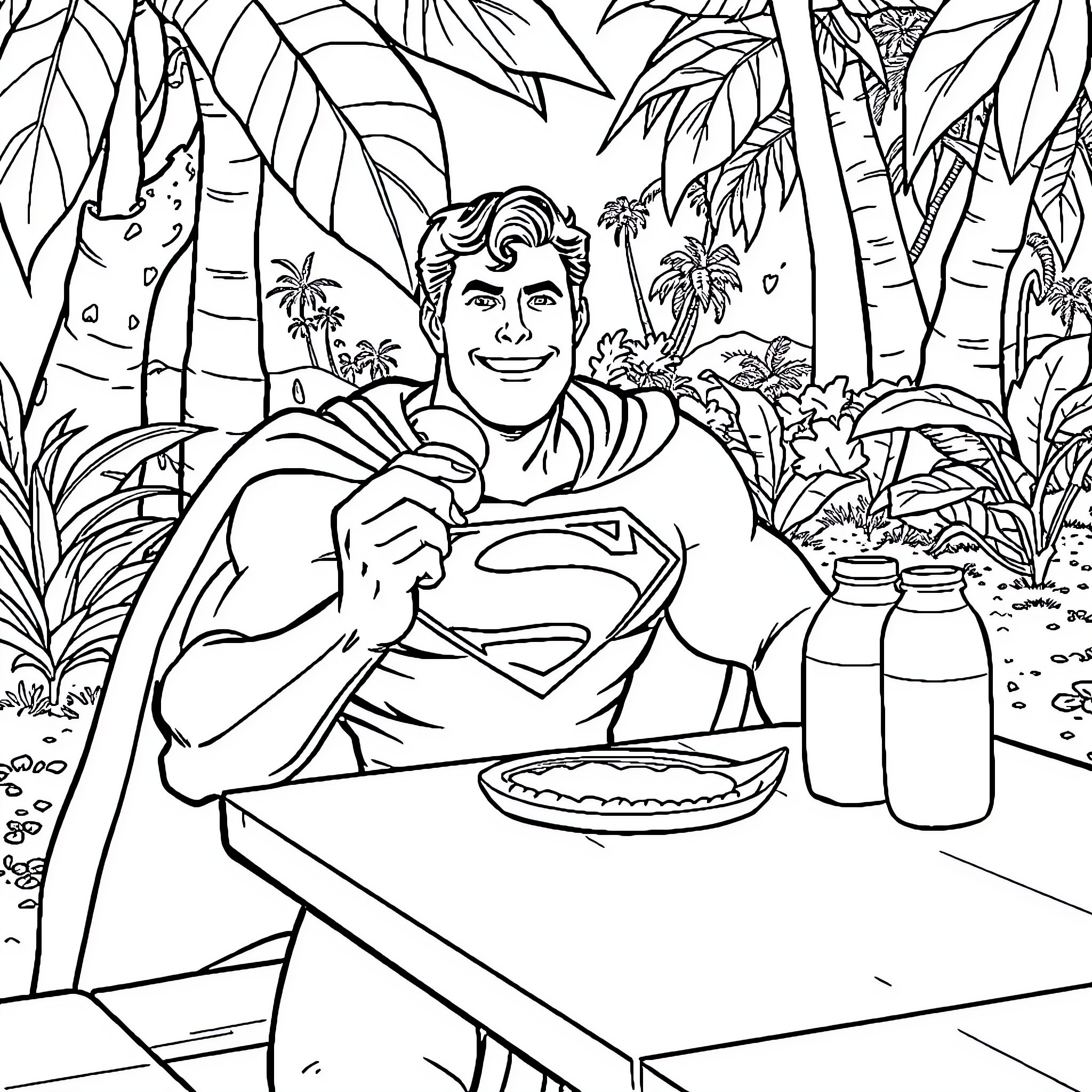 Superman enjoying a tropical meal in nature Coloring Page (free black-and-white line drawing printable PDF for all, from beginners to advanced learners, including children, teens, adults, and seniors)