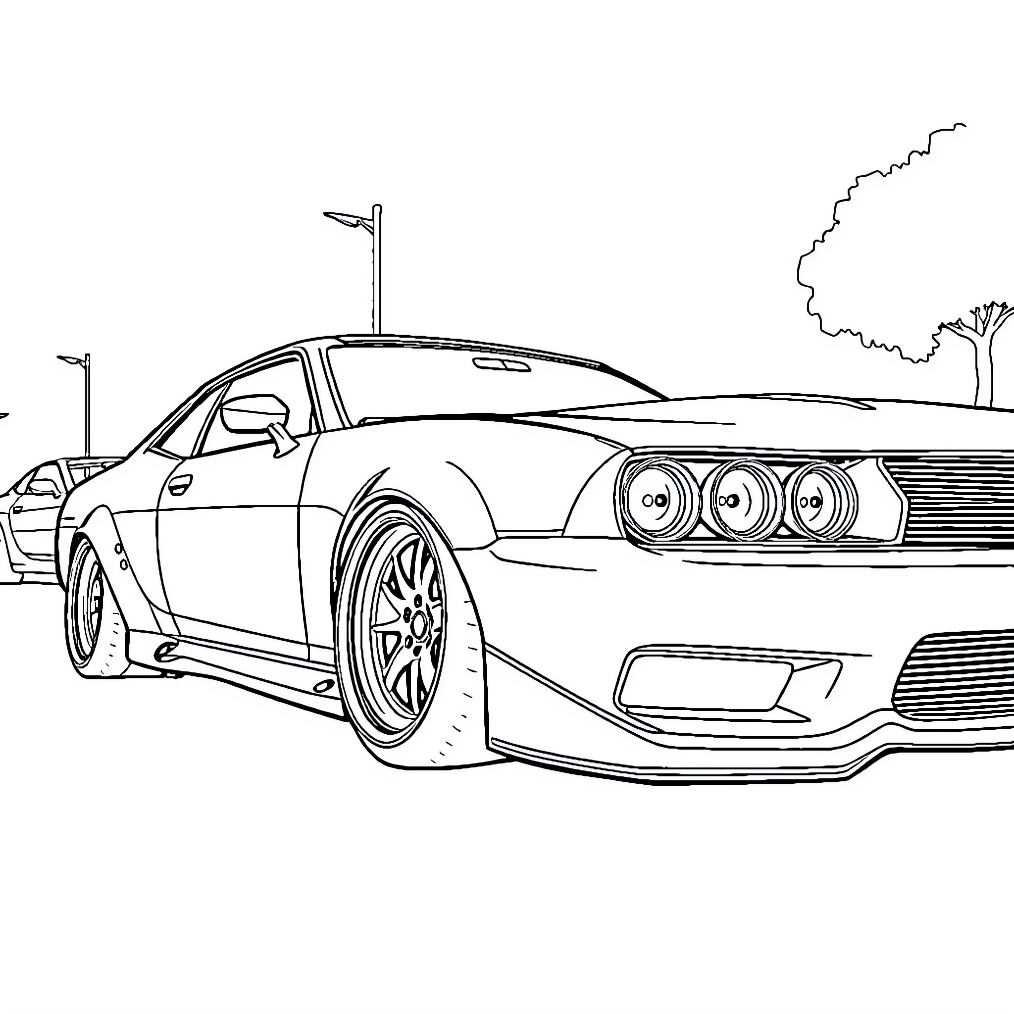 Car speeding down the road with sleek design Coloring Page (free black-and-white line drawing printable PDF for all, from beginners to advanced learners, including children, teens, adults, and seniors)