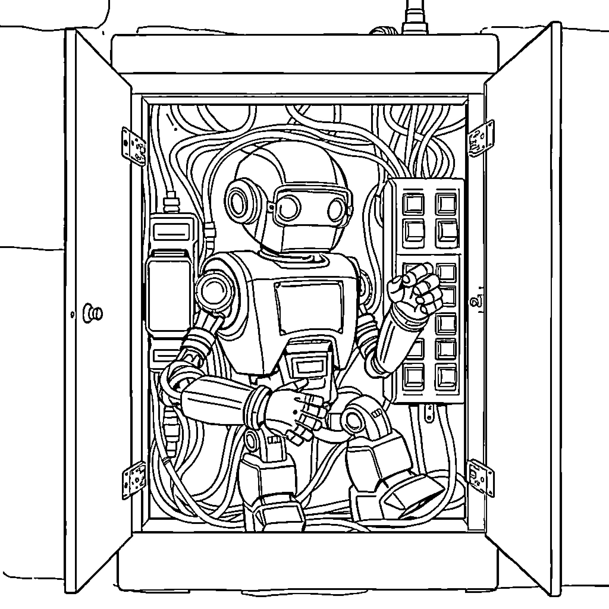 Robot in Futuristic Control Room Coloring Page (free black-and-white line drawing printable PDF for all, from beginners to advanced learners, including children, teens, adults, and seniors)