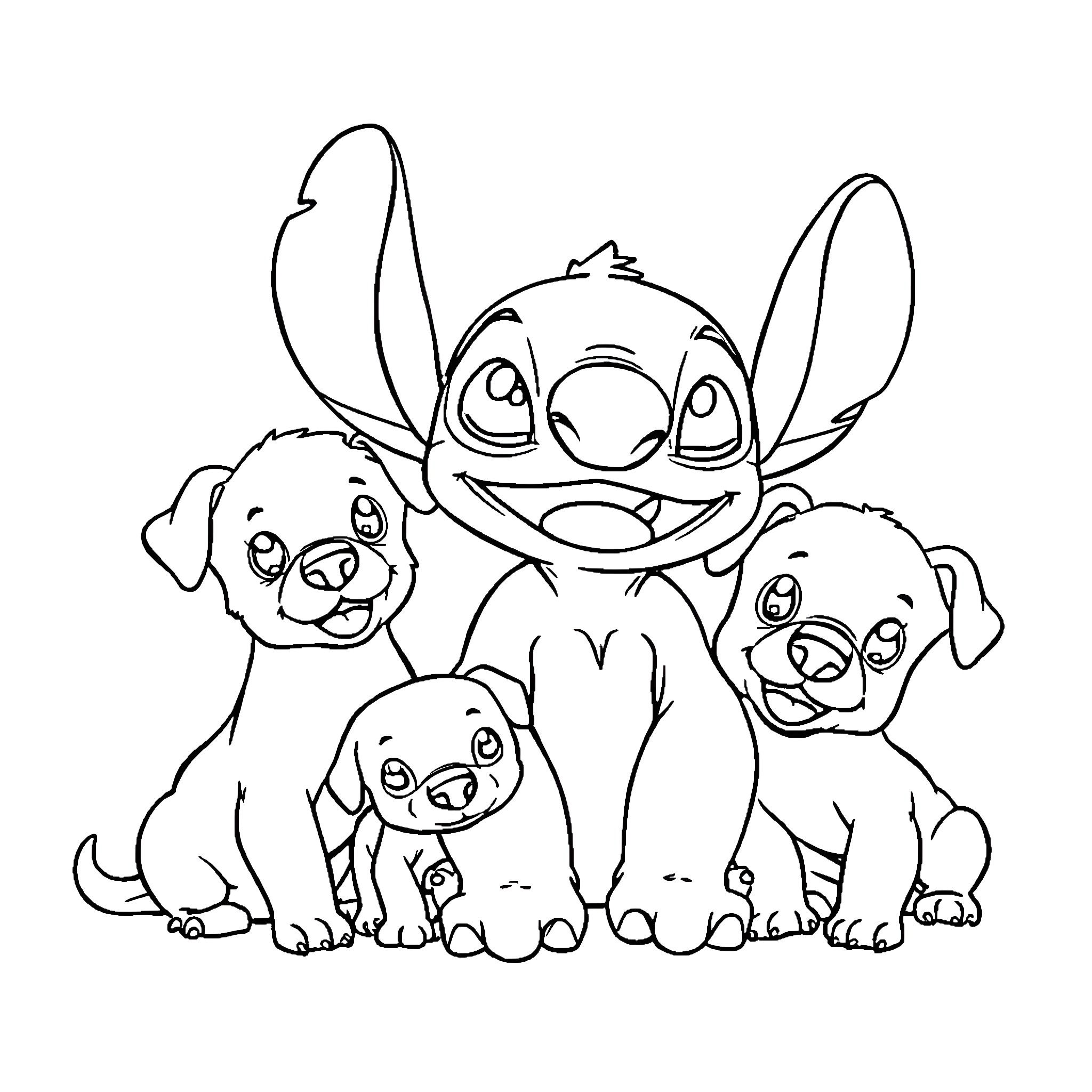 Puppy and Stitch playing with cute dogs Coloring Page (free black-and-white line drawing printable PDF for all, from beginners to advanced learners, including children, teens, adults, and seniors)