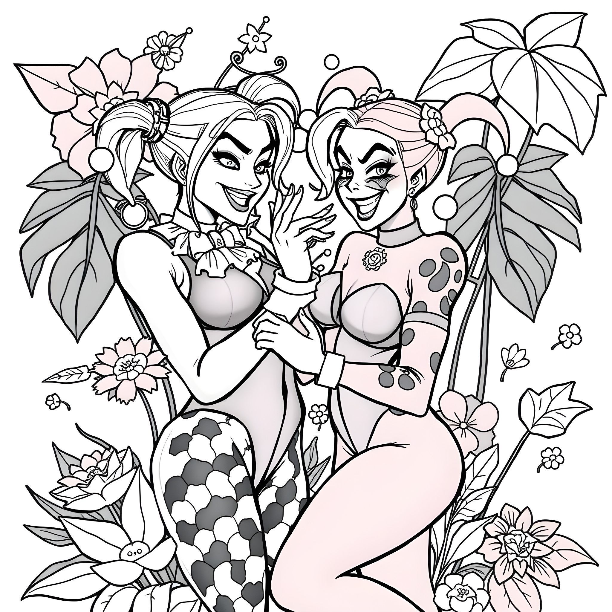 Harley Quinn and companion having fun in tropical flowers Coloring Page (free black-and-white line drawing printable PDF for all, from beginners to advanced learners, including children, teens, adults, and seniors)
