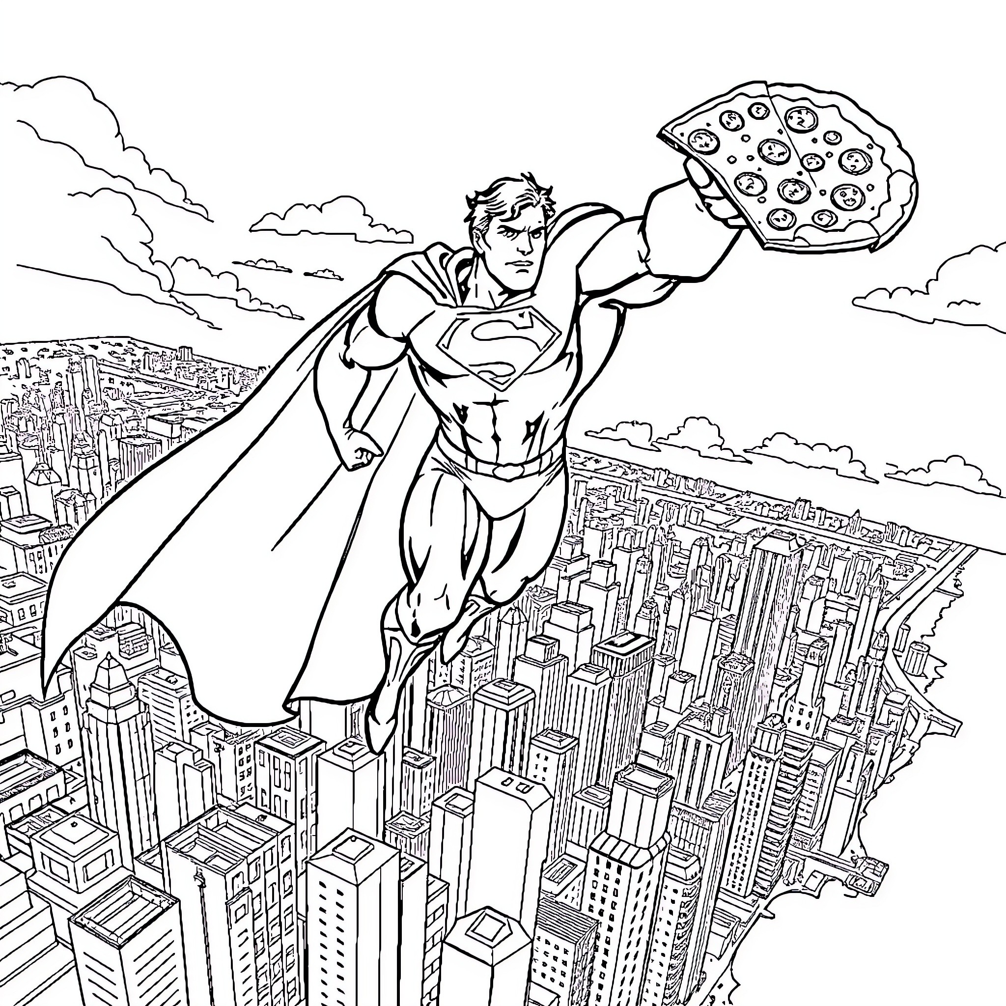 Superman's grand heroic display over the city Coloring Page (free black-and-white line drawing printable PDF for all, from beginners to advanced learners, including children, teens, adults, and seniors)