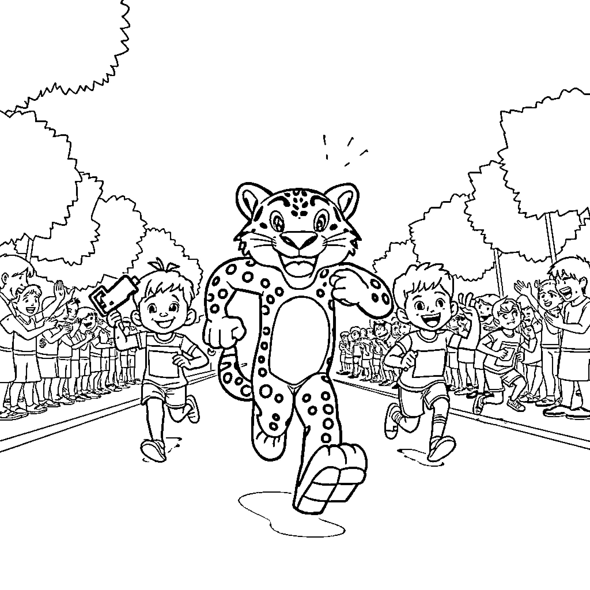 Jaguar mascot leading a cheerful parade Coloring Page (free black-and-white line drawing printable PDF for all, from beginners to advanced learners, including children, teens, adults, and seniors)