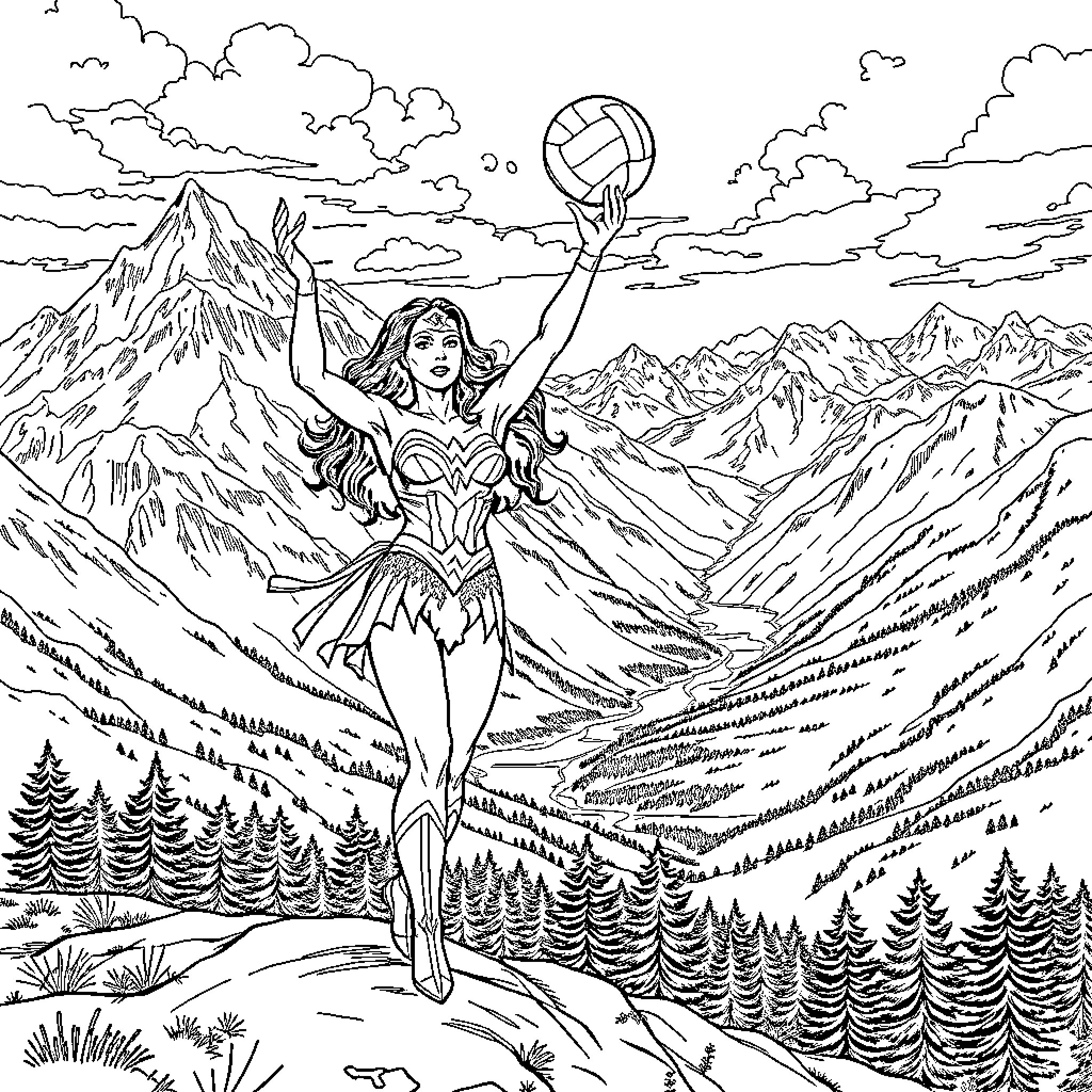 Wonder Woman Triumphant Amidst Majestic Mountains Coloring Page (free black-and-white line drawing printable PDF for all, from beginners to advanced learners, including children, teens, adults, and seniors)