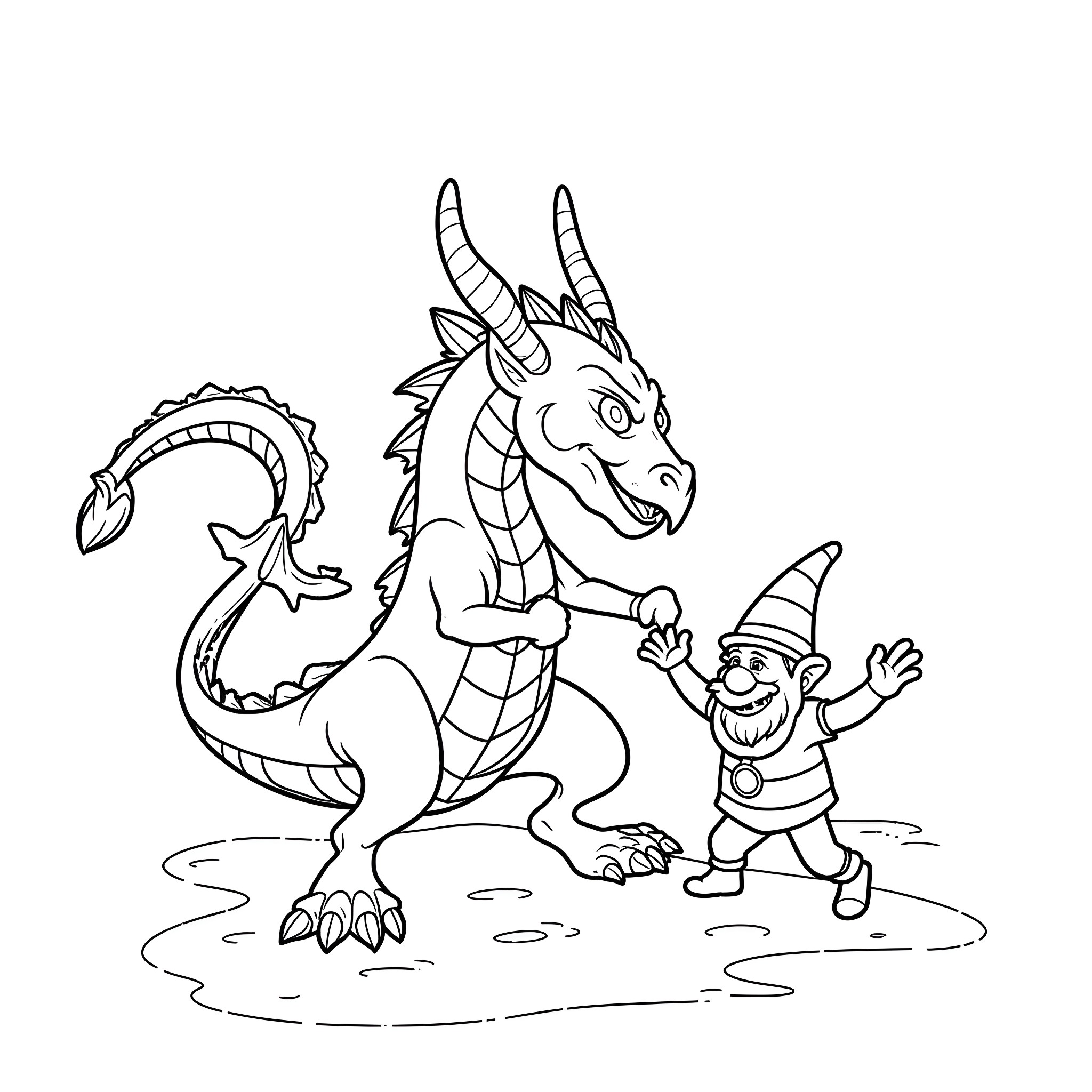 Dragon and gnome in a fantasy landscape Coloring Page (free black-and-white line drawing printable PDF for all, from beginners to advanced learners, including children, teens, adults, and seniors)