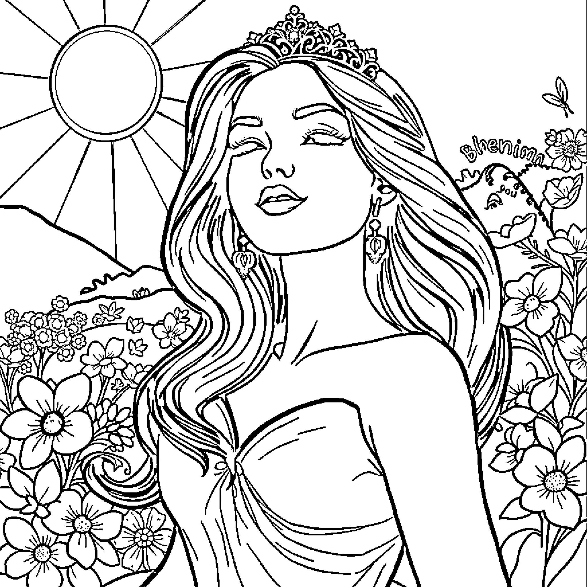 Princesa in a floral garden with a crown Coloring Page (free black-and-white line drawing printable PDF for all, from beginners to advanced learners, including children, teens, adults, and seniors)