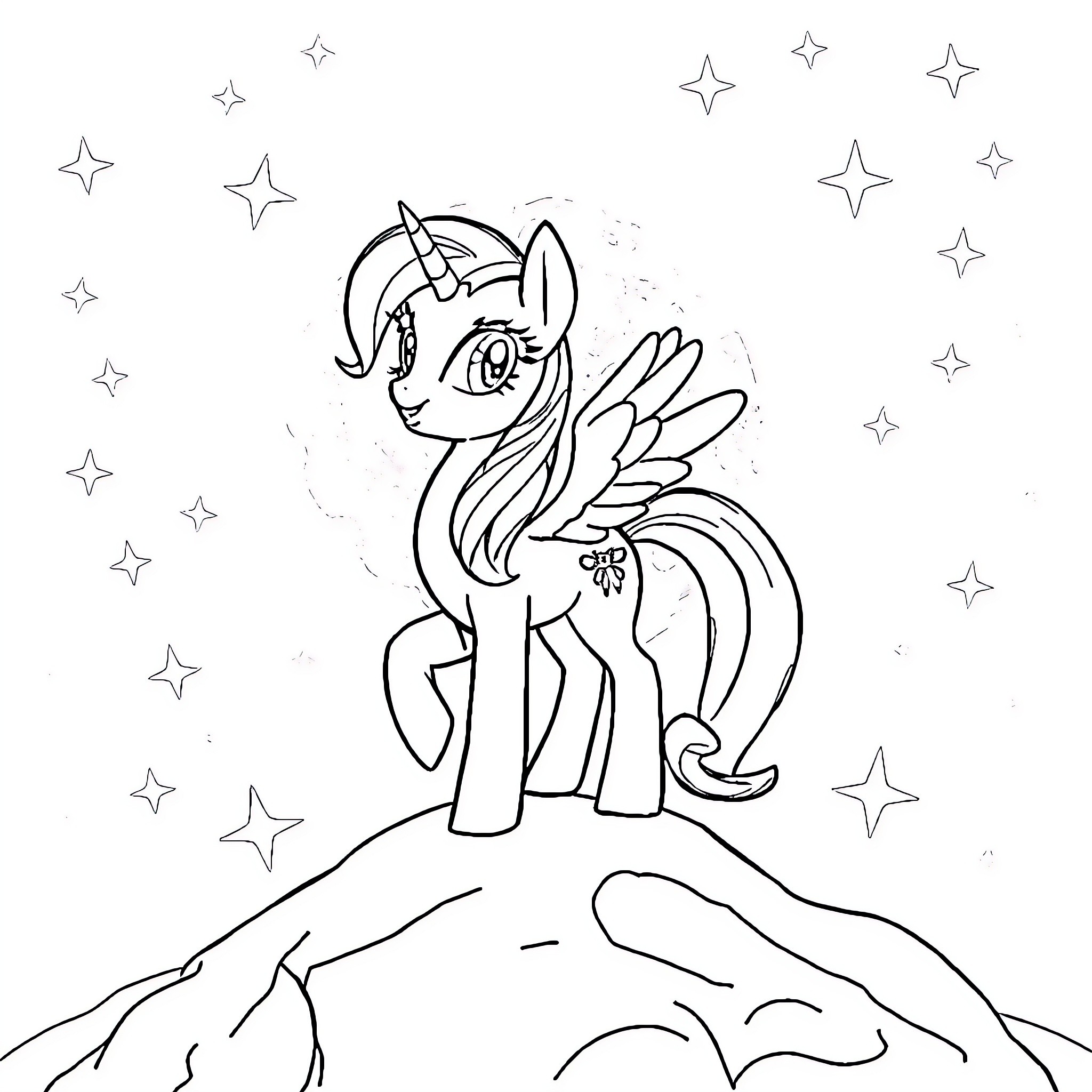 Twilight Sparkle enjoying the starry night sky Coloring Page (free black-and-white line drawing printable PDF for all, from beginners to advanced learners, including children, teens, adults, and seniors)