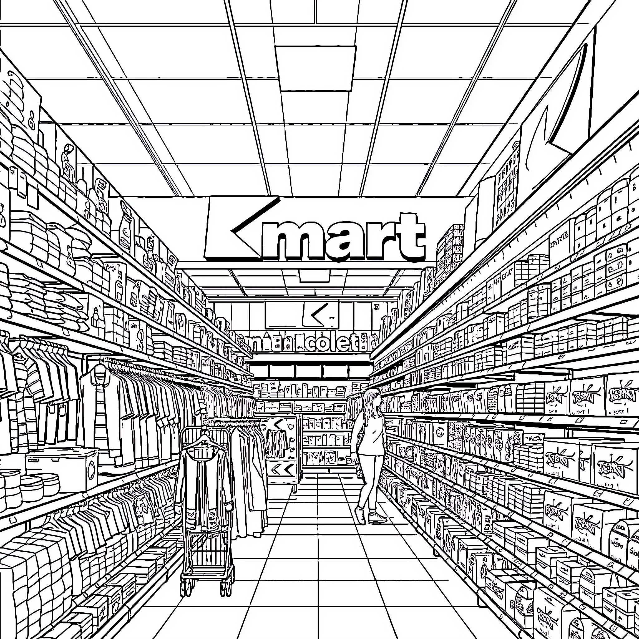 Kmart shopping in a busy retail store Coloring Page (free black-and-white line drawing printable PDF for all, from beginners to advanced learners, including children, teens, adults, and seniors)