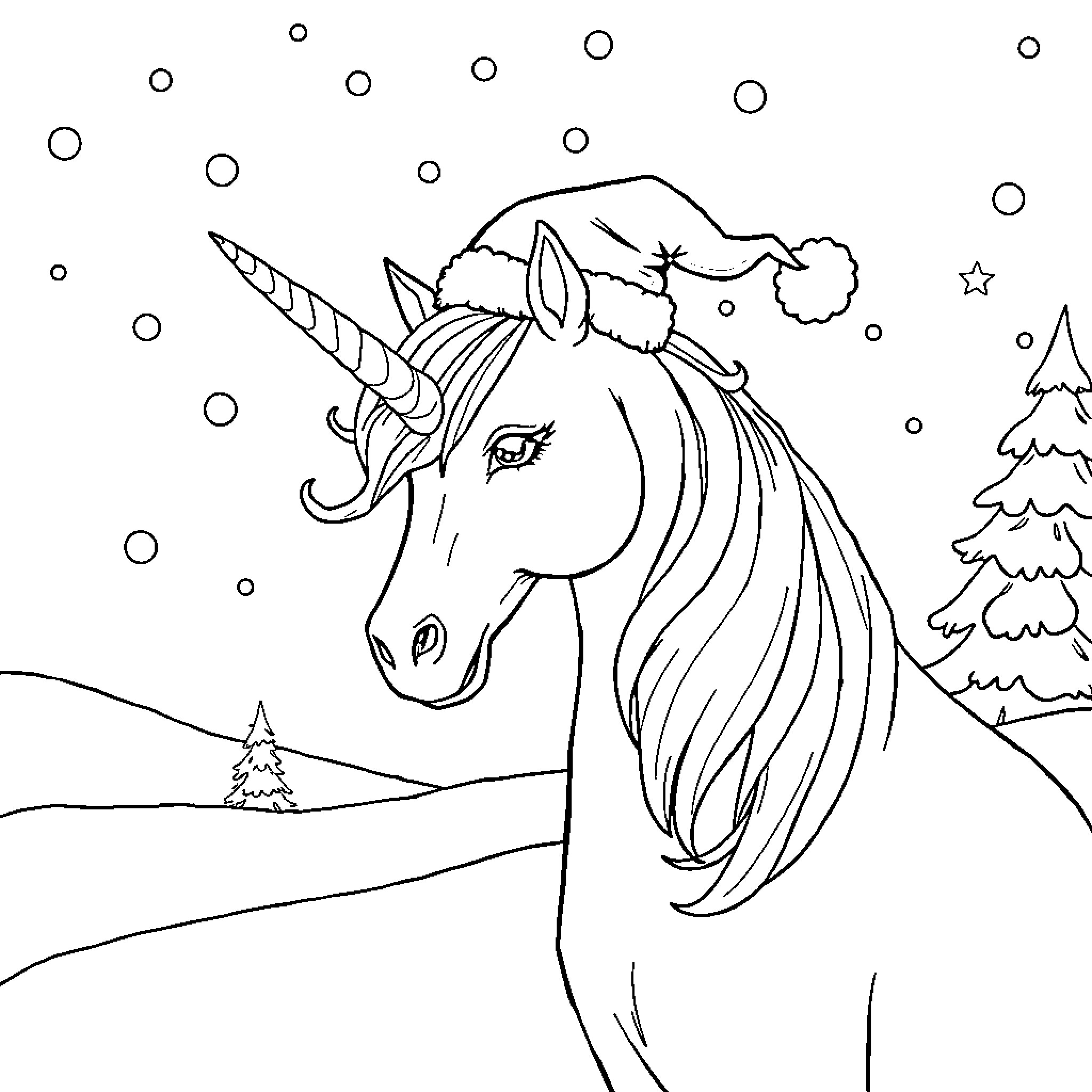 Unicorn in the Winter Wonderland Coloring Page (free black-and-white line drawing printable PDF for all, from beginners to advanced learners, including children, teens, adults, and seniors)