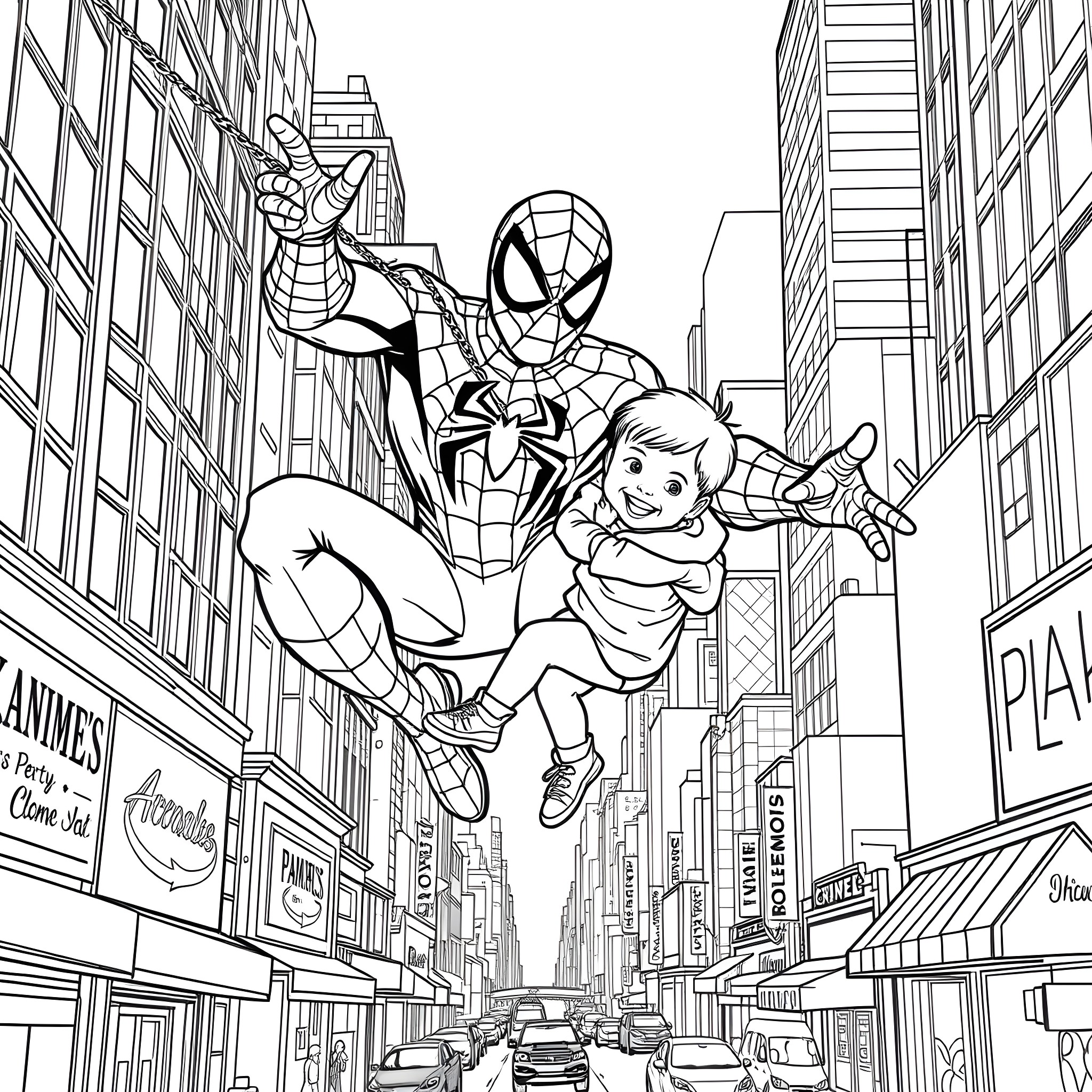Spiderman rescuing a child in the city Coloring Page (free black-and-white line drawing printable PDF for all, from beginners to advanced learners, including children, teens, adults, and seniors)