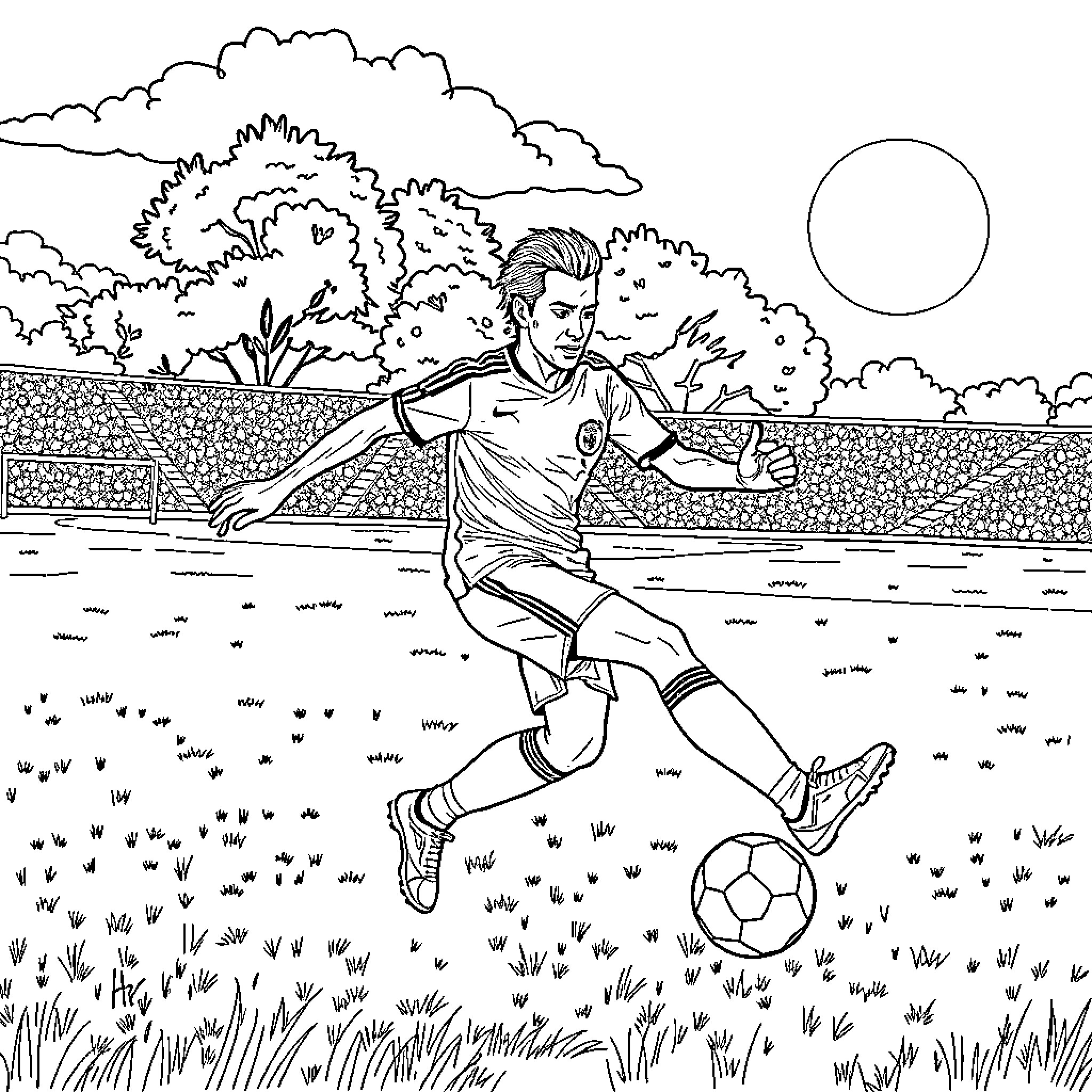 Neymar JR playing football on the field Coloring Page (free black-and-white line drawing printable PDF for all, from beginners to advanced learners, including children, teens, adults, and seniors)