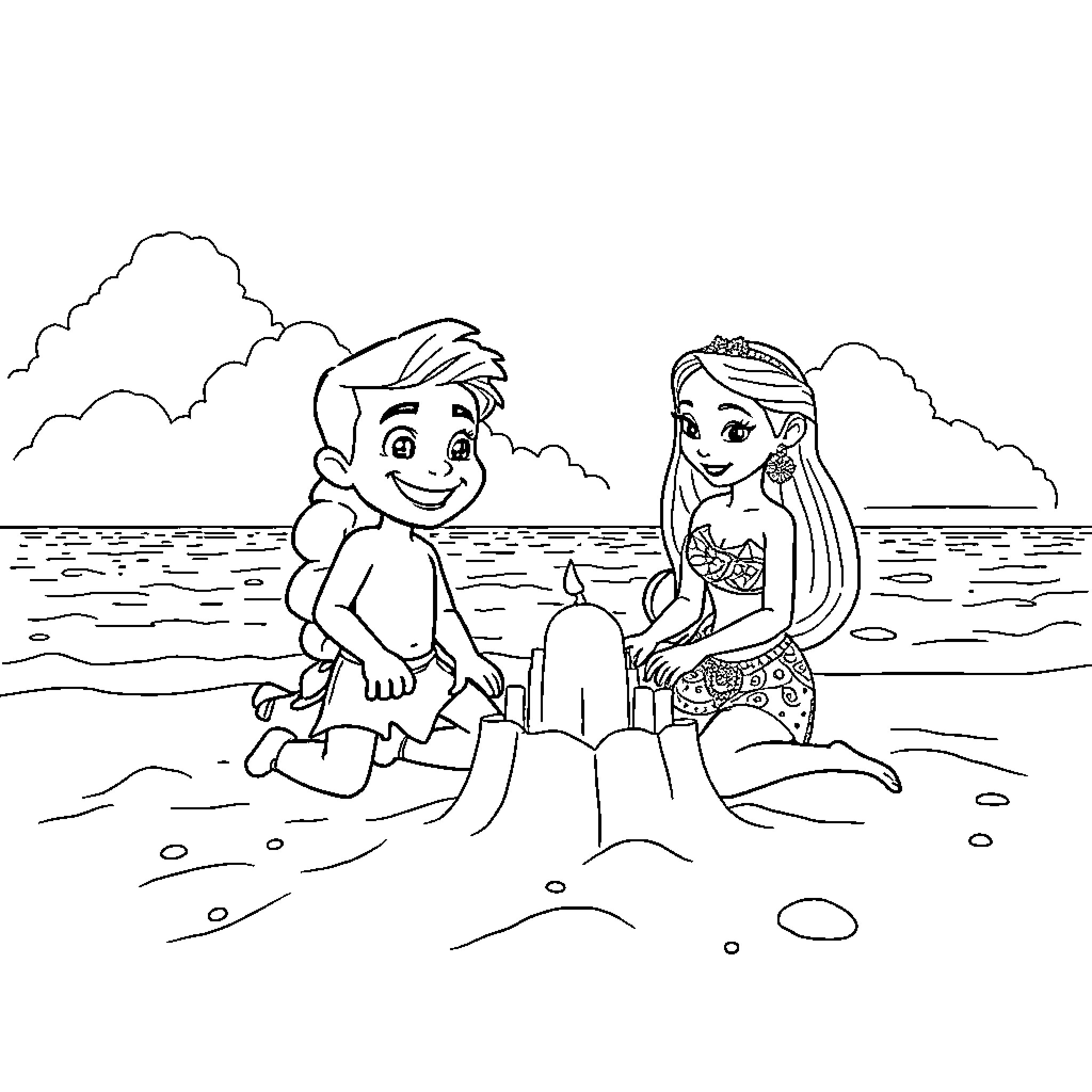 Bluey and Friends Enjoying the Beach Coloring Page (free black-and-white line drawing printable PDF for all, from beginners to advanced learners, including children, teens, adults, and seniors)