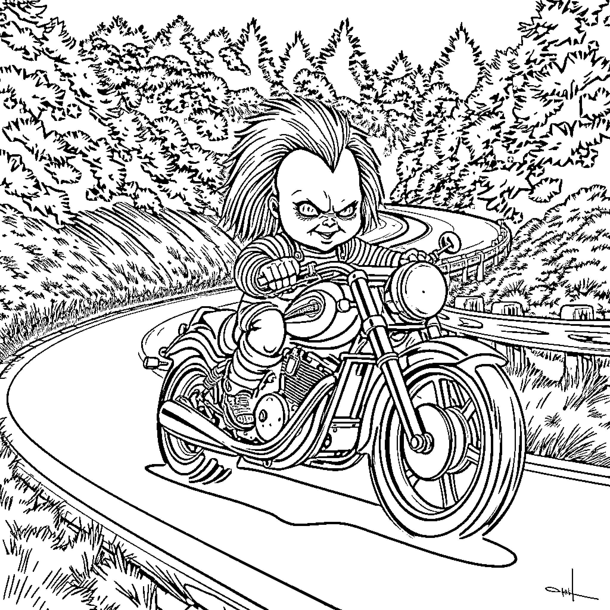 Chucky riding a motorcycle through the countryside Coloring Page (free black-and-white line drawing printable PDF for all, from beginners to advanced learners, including children, teens, adults, and seniors)