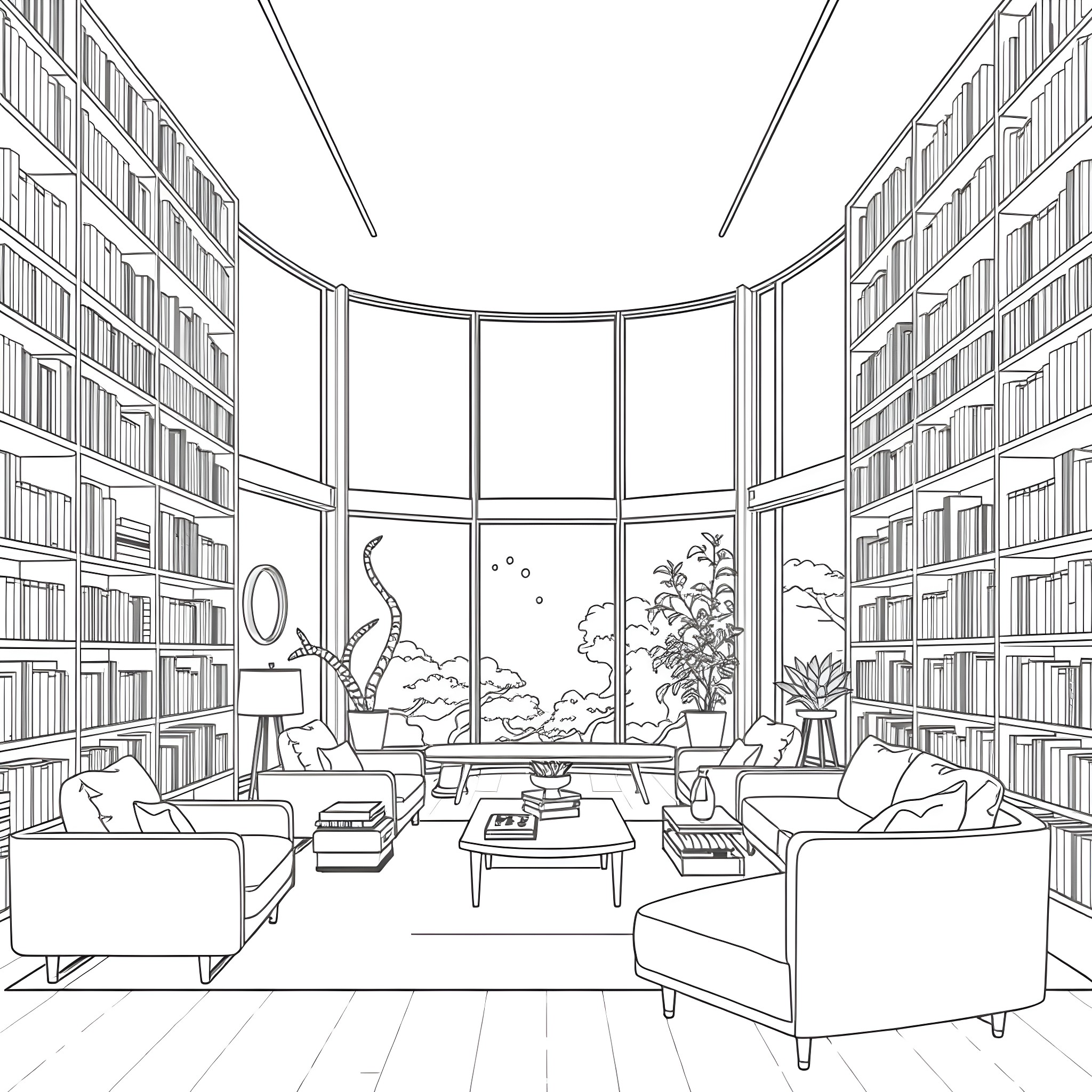 Library with Cozy Reading Nook and Panoramic Window Coloring Page (free black-and-white line drawing printable PDF for all, from beginners to advanced learners, including children, teens, adults, and seniors)