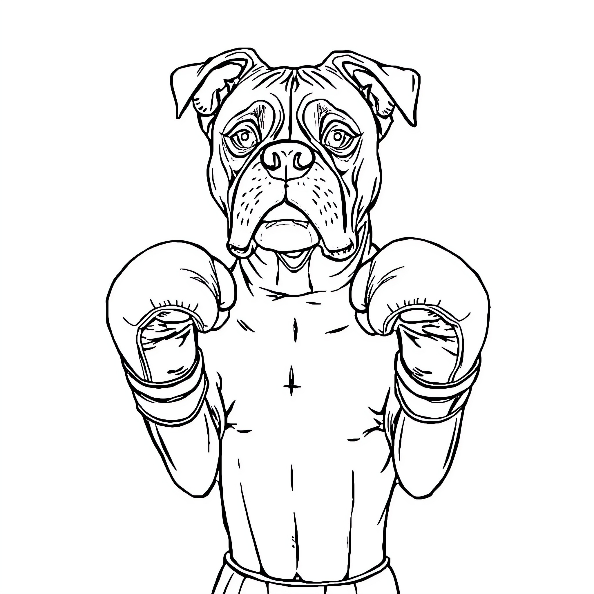 Boxer dog wearing boxing gloves Coloring Page (free black-and-white line drawing printable PDF for all, from beginners to advanced learners, including children, teens, adults, and seniors)