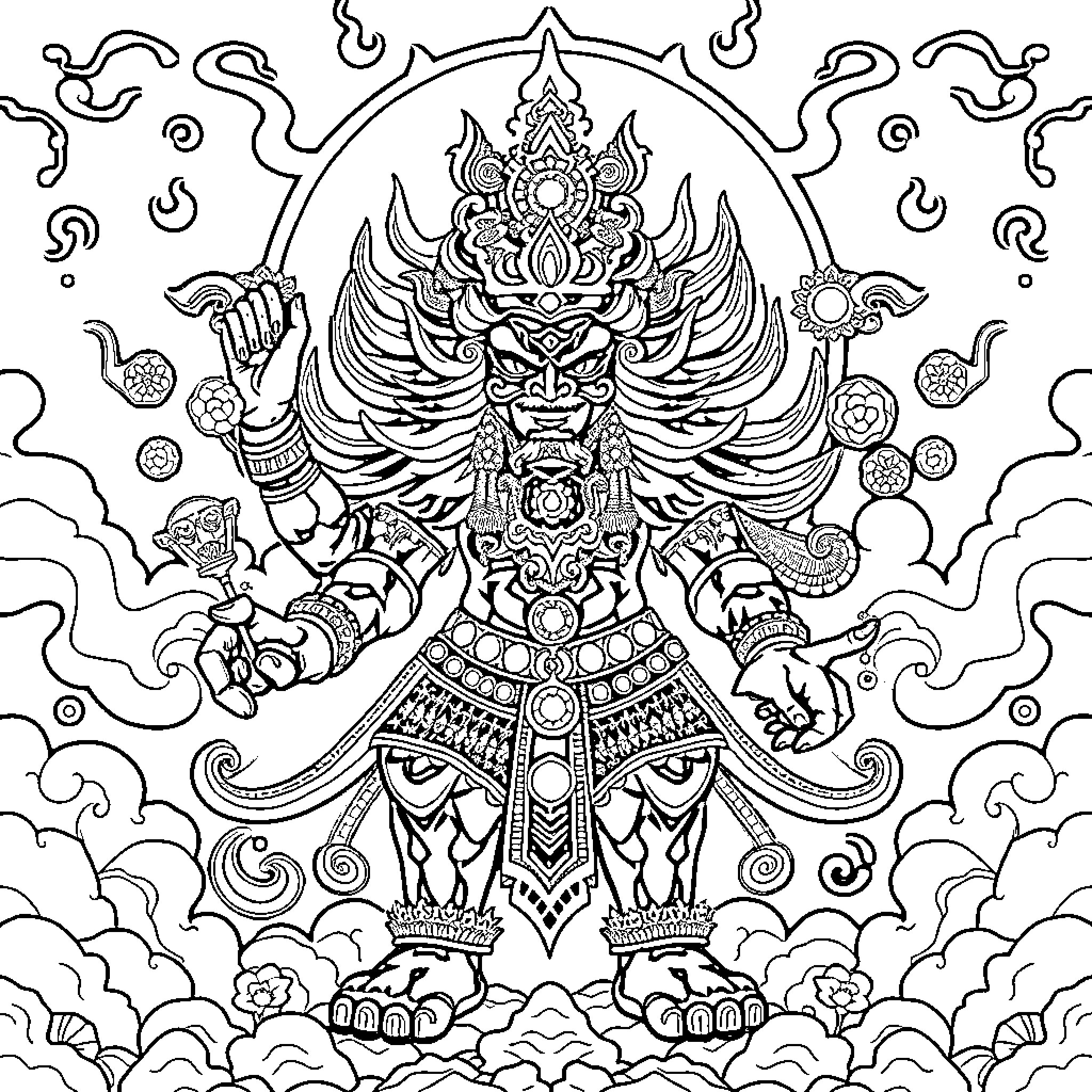 Mahakala, the Fierce Wrathful Deity Coloring Page (free black-and-white line drawing printable PDF for all, from beginners to advanced learners, including children, teens, adults, and seniors)