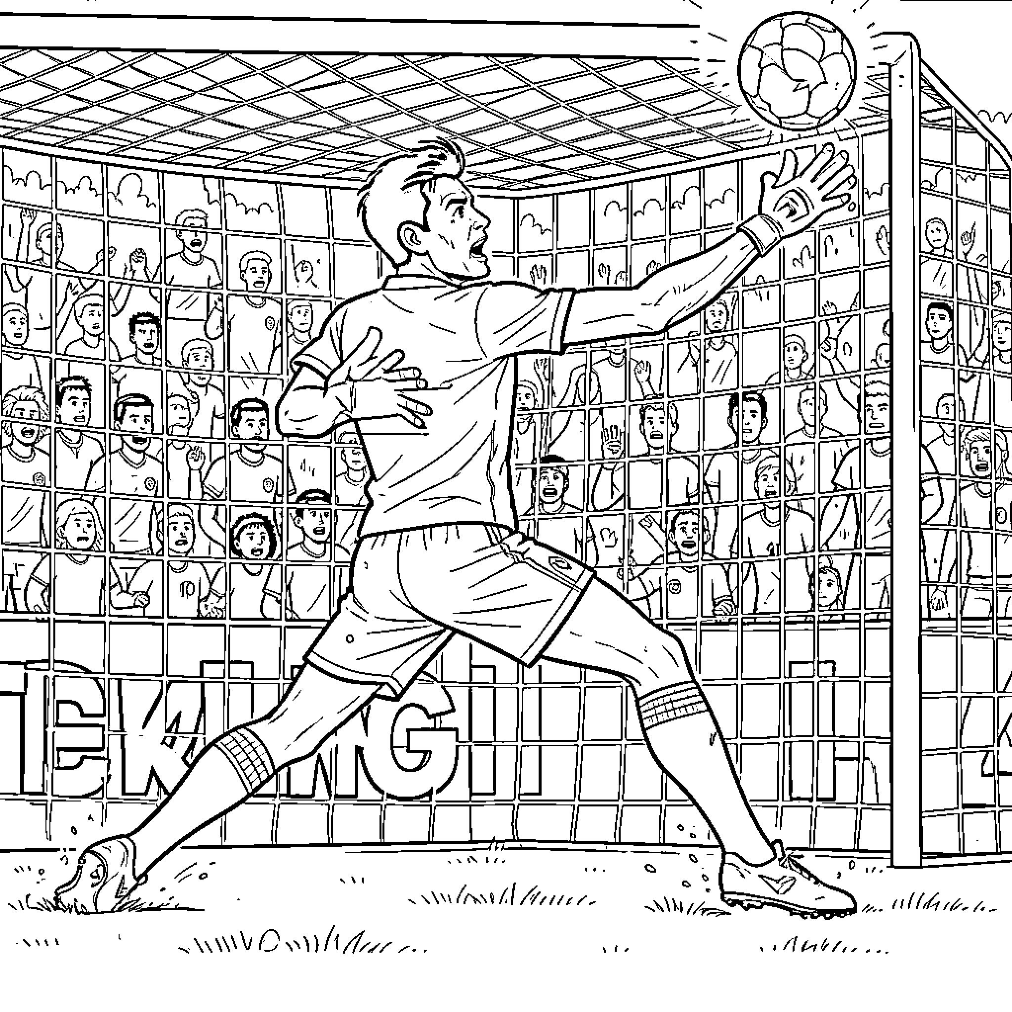 Guillermo Ochoa jumping to catch a soccer ball Coloring Page (free black-and-white line drawing printable PDF for all, from beginners to advanced learners, including children, teens, adults, and seniors)
