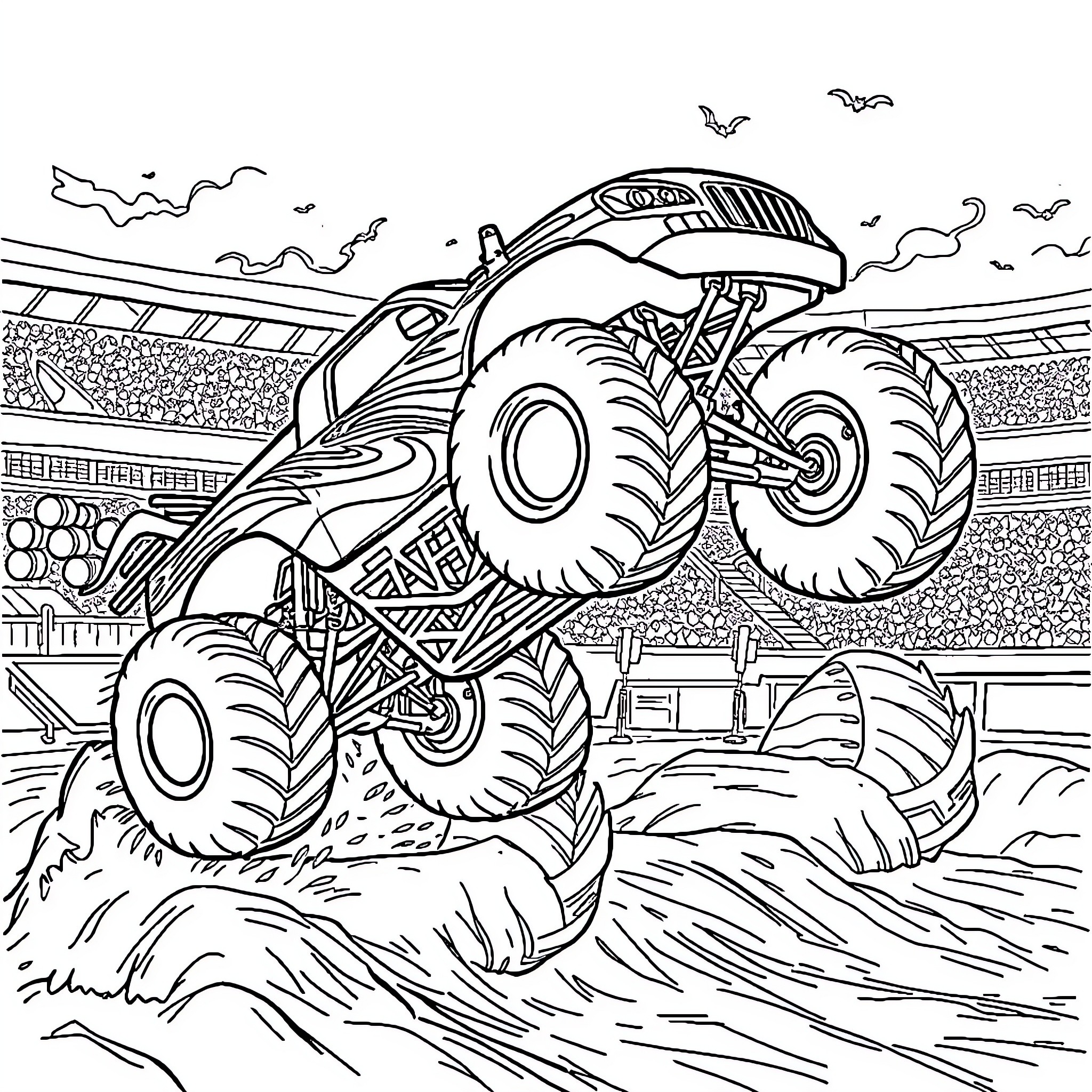 Monster Truck Crushing Obstacles in Arena Coloring Page (free black-and-white line drawing printable PDF for all, from beginners to advanced learners, including children, teens, adults, and seniors)