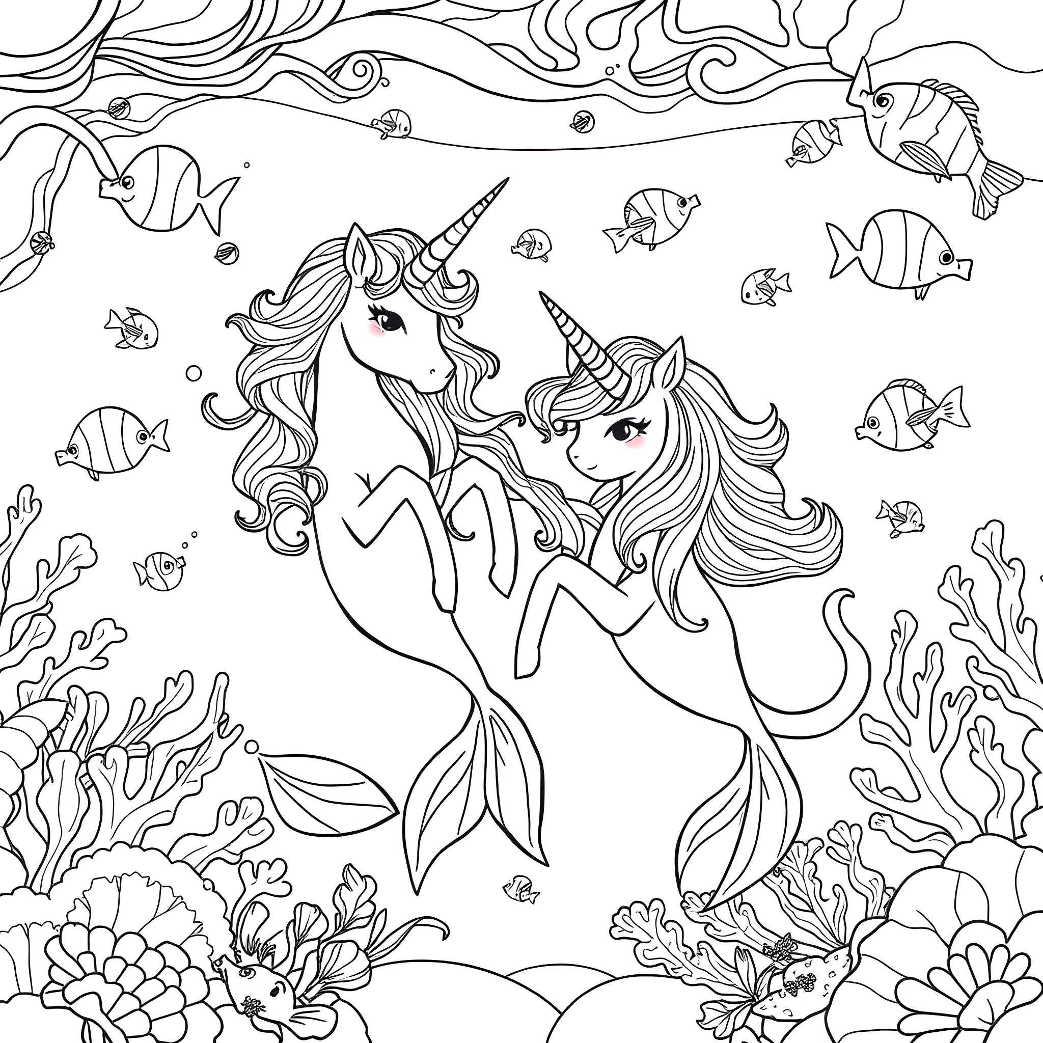 Unicorn Mermaid Playing Happily in the Underwater World Coloring Page (free black-and-white line drawing printable PDF for all, from beginners to advanced learners, including children, teens, adults, and seniors)