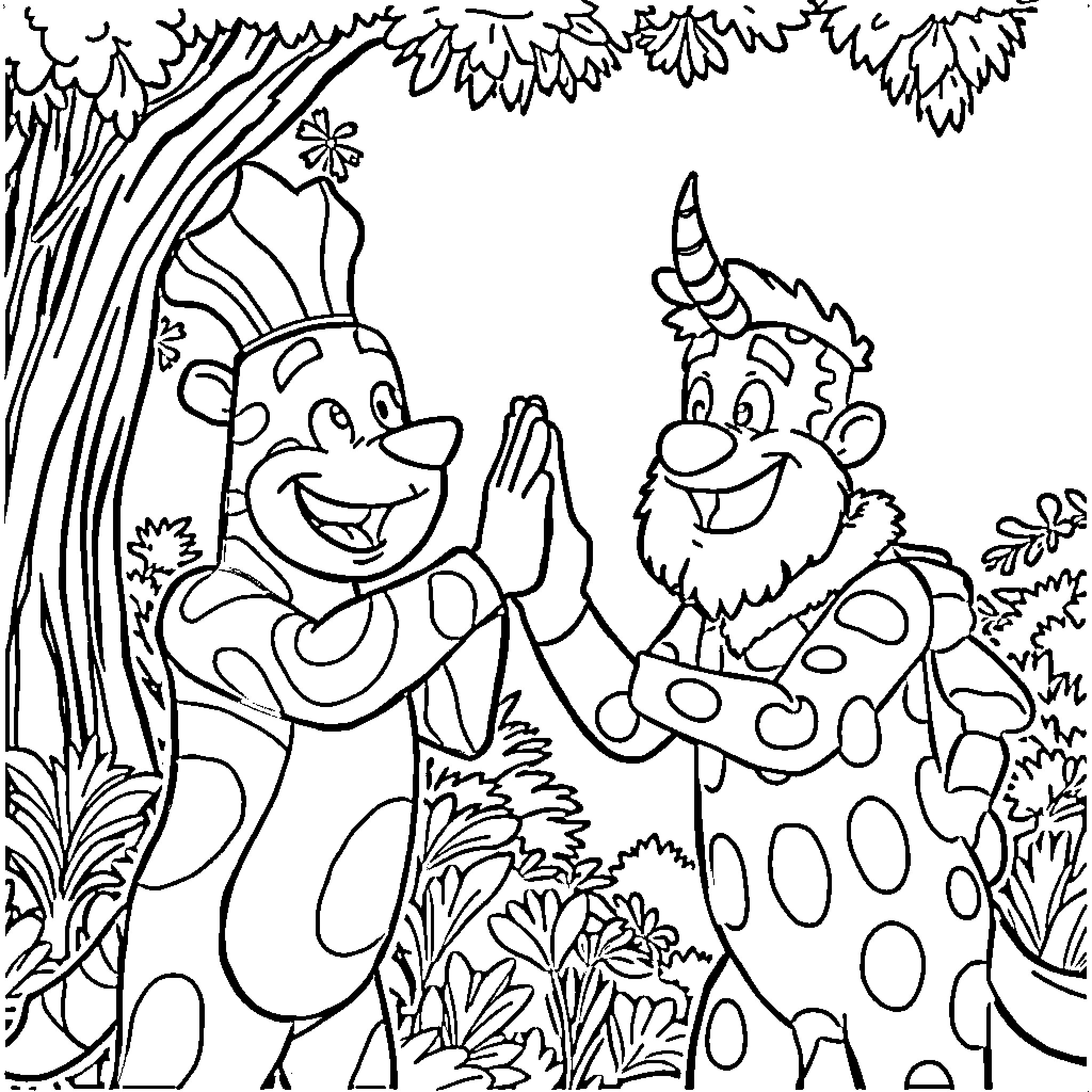 Mumbo Jumbo Cartoon Characters Interact Playfully in Forest Coloring Page (free black-and-white line drawing printable PDF for all, from beginners to advanced learners, including children, teens, adults, and seniors)