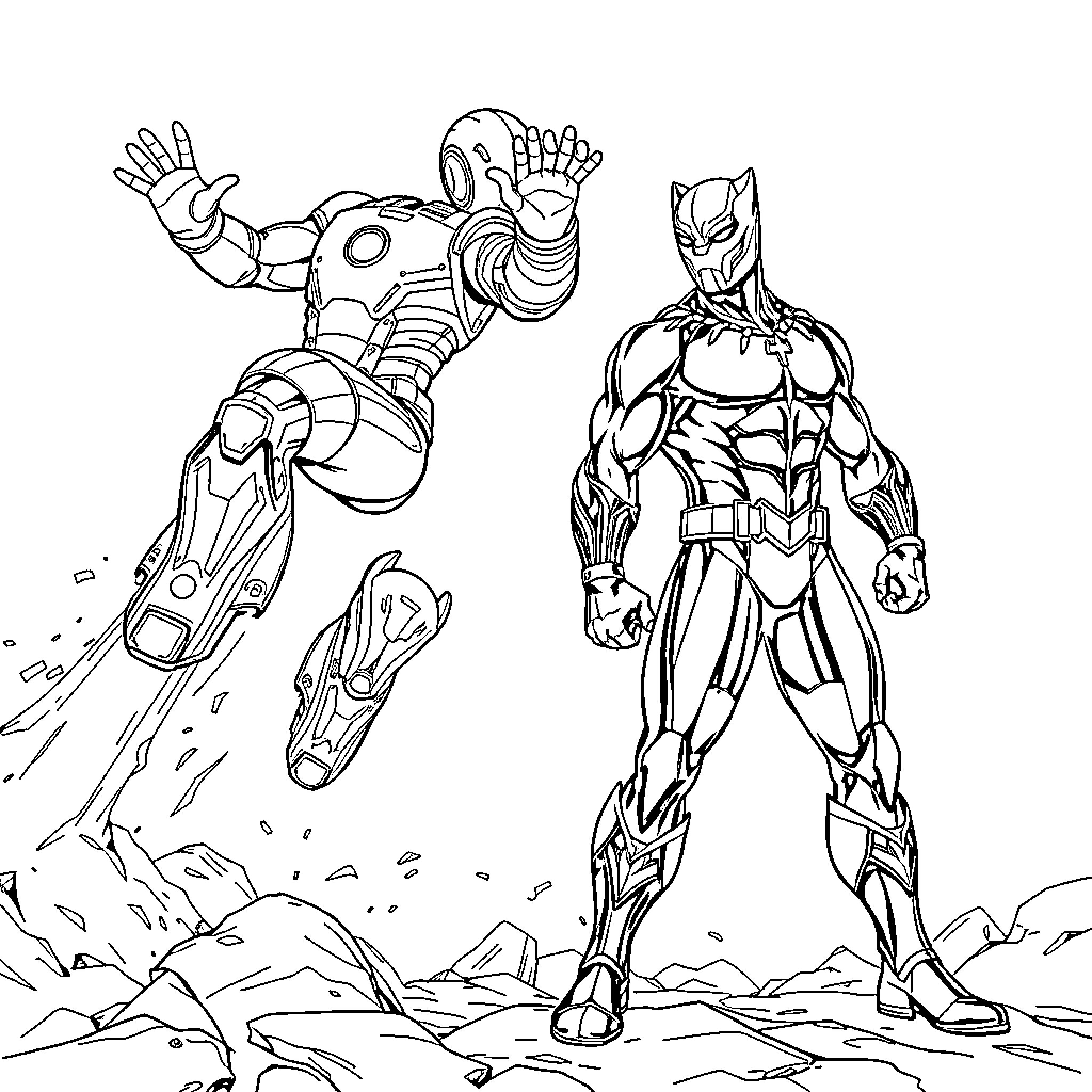 Ironman and Superhero in Battle Pose Coloring Page (free black-and-white line drawing printable PDF for all, from beginners to advanced learners, including children, teens, adults, and seniors)
