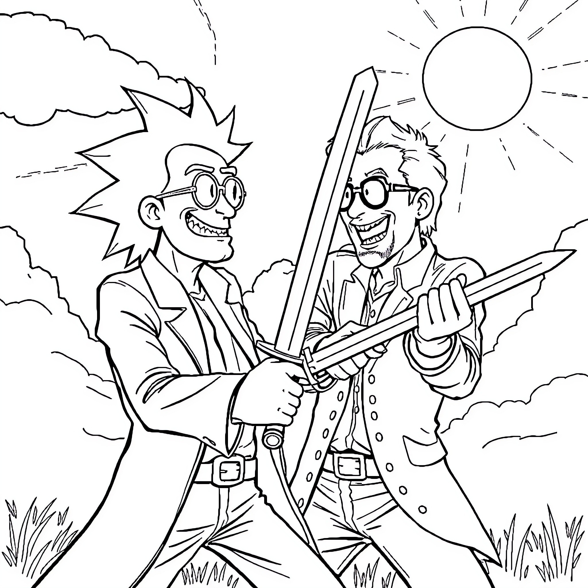 Rick and Buddy's Outdoor Adventure Coloring Page (free black-and-white line drawing printable PDF for all, from beginners to advanced learners, including children, teens, adults, and seniors)