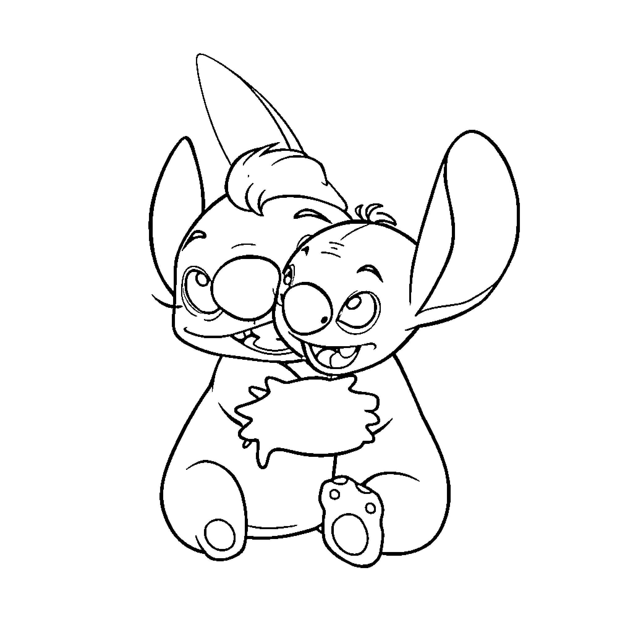 Angel Stitch Hugging His Stuffed Toy Coloring Page (free black-and-white line drawing printable PDF for all, from beginners to advanced learners, including children, teens, adults, and seniors)