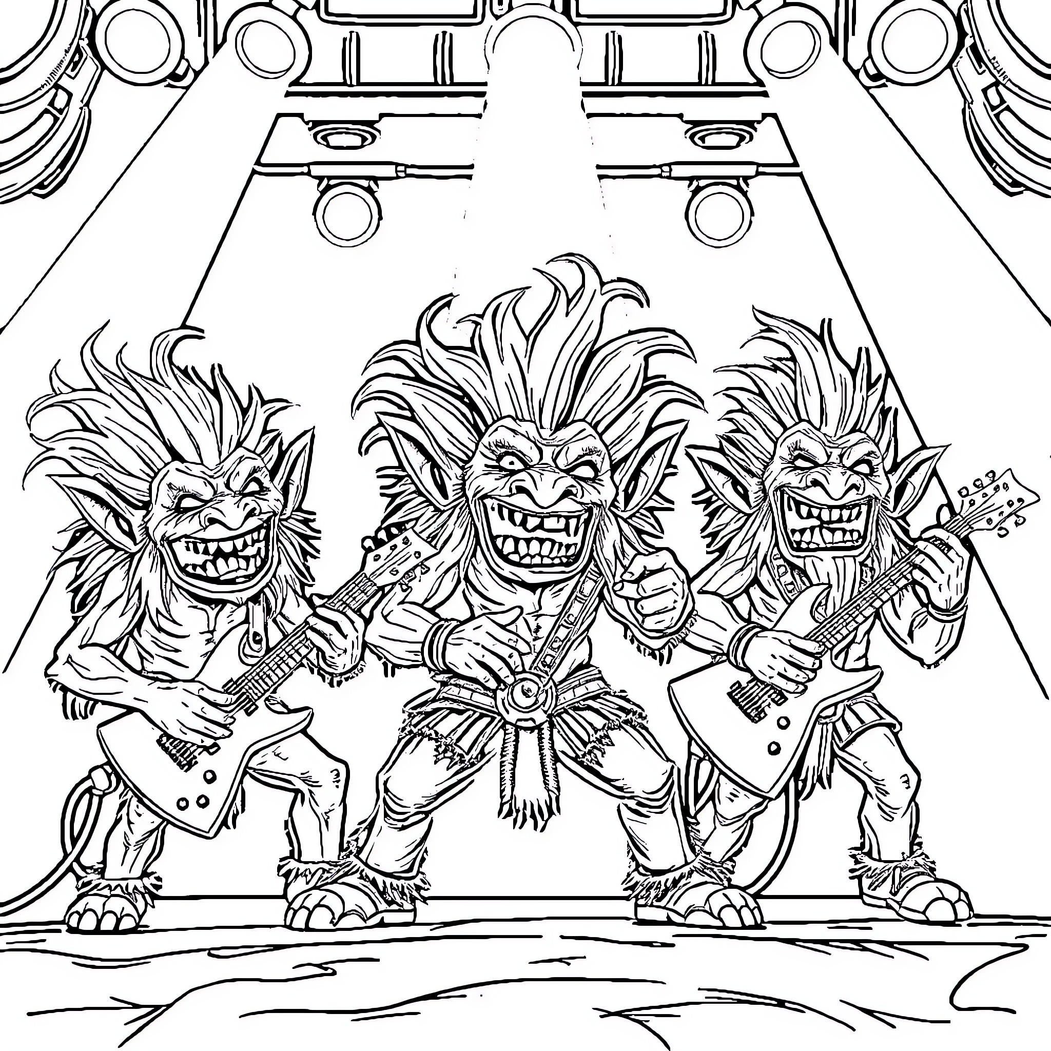 Troll Band Performing on Stage Coloring Page (free black-and-white line drawing printable PDF for all, from beginners to advanced learners, including children, teens, adults, and seniors)
