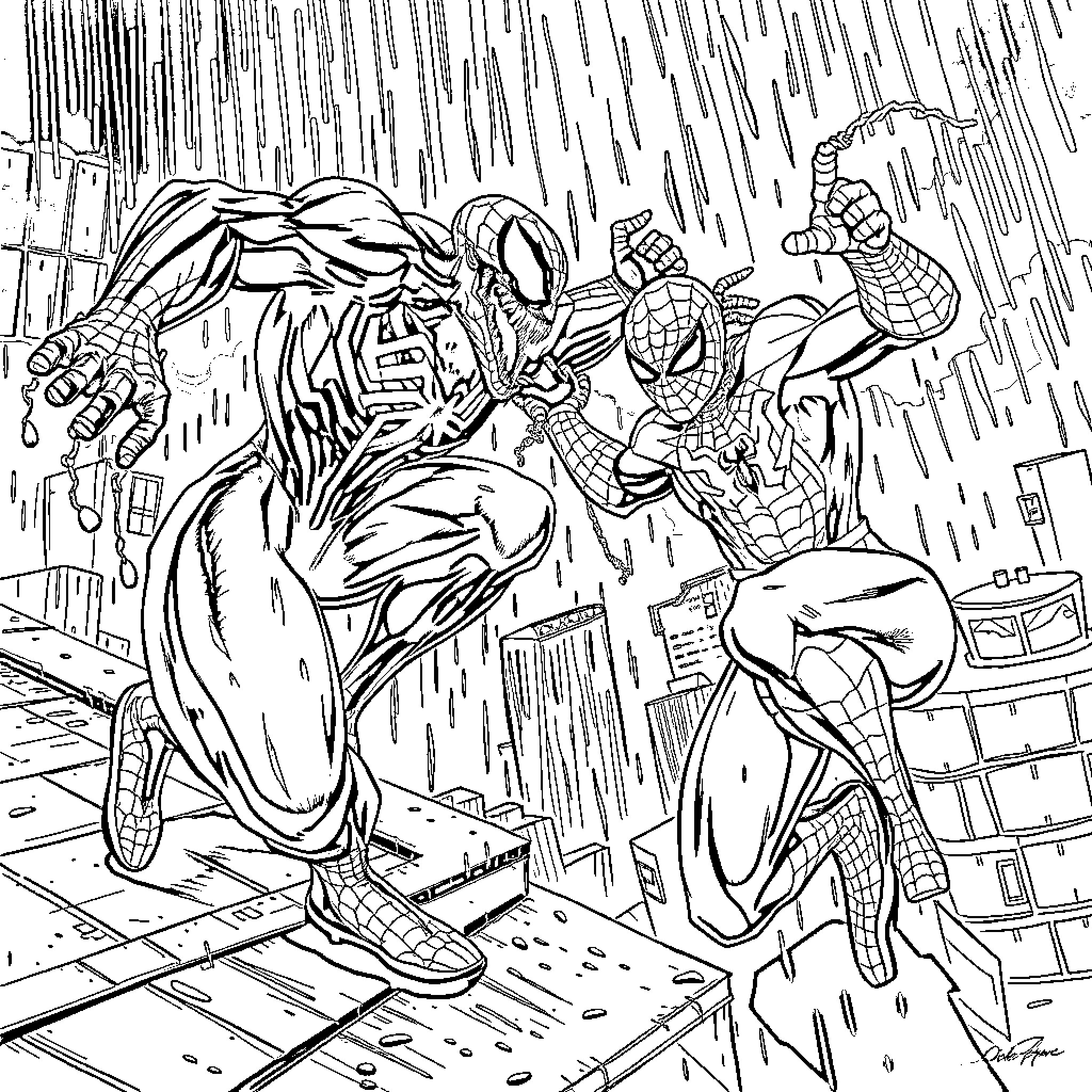 Spider-Man battles villains in the city Coloring Page (free black-and-white line drawing printable PDF for all, from beginners to advanced learners, including children, teens, adults, and seniors)