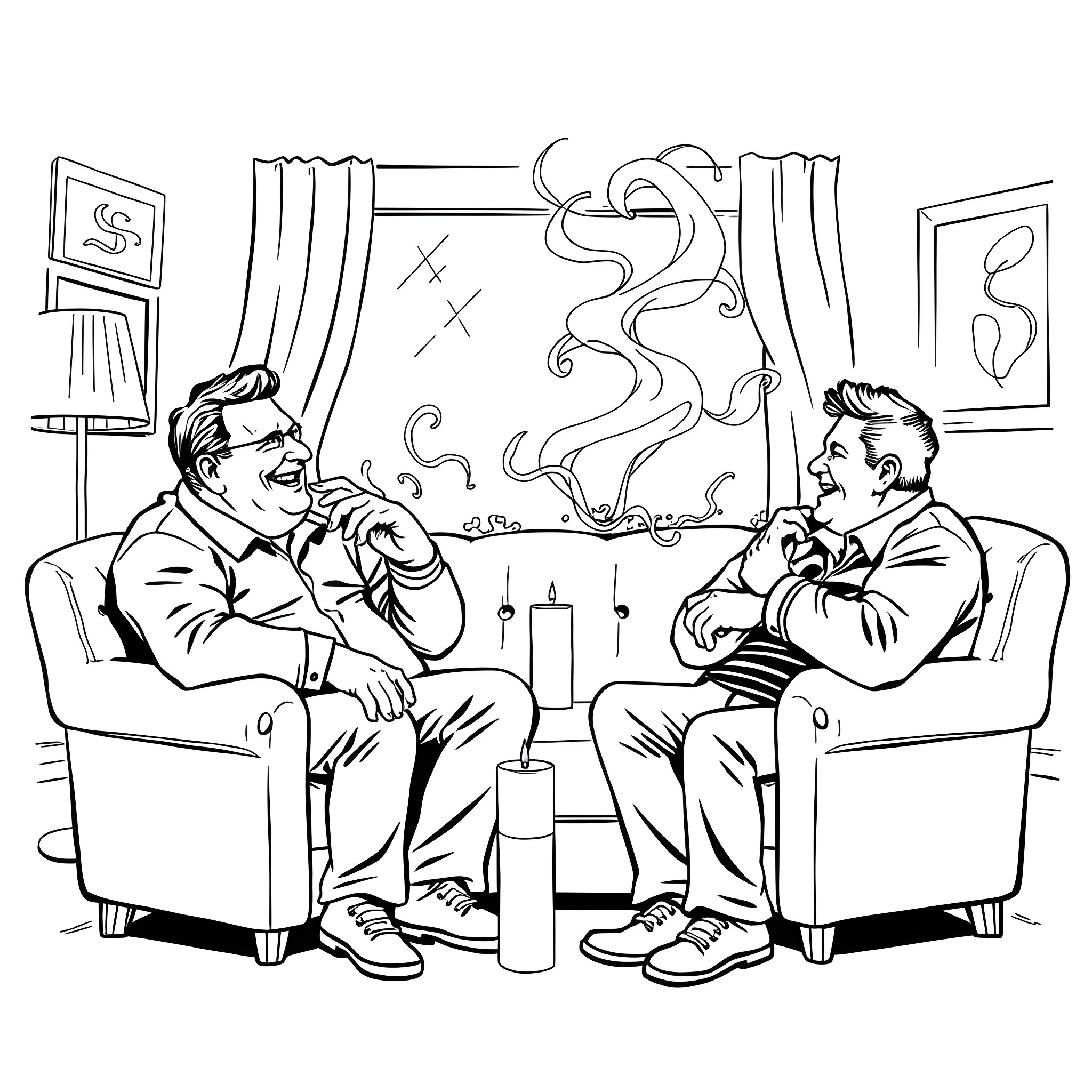 Jimmy Hoffa discussing business with an associate in a dimly lit room Coloring Page (free black-and-white line drawing printable PDF for all, from beginners to advanced learners, including children, teens, adults, and seniors)