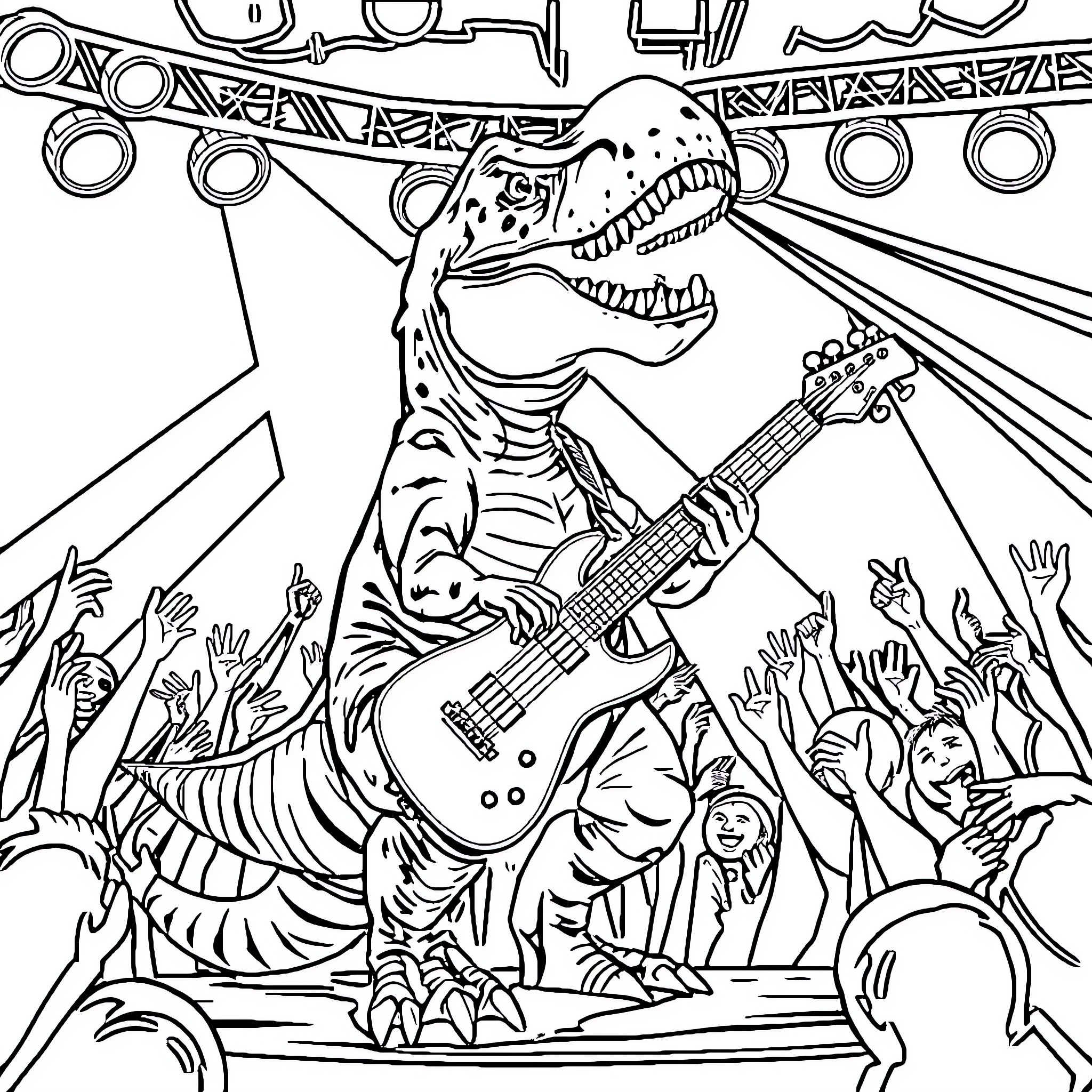 T-Rex Rocking Out on Stage with Adoring Crowd Coloring Page (free black-and-white line drawing printable PDF for all, from beginners to advanced learners, including children, teens, adults, and seniors)