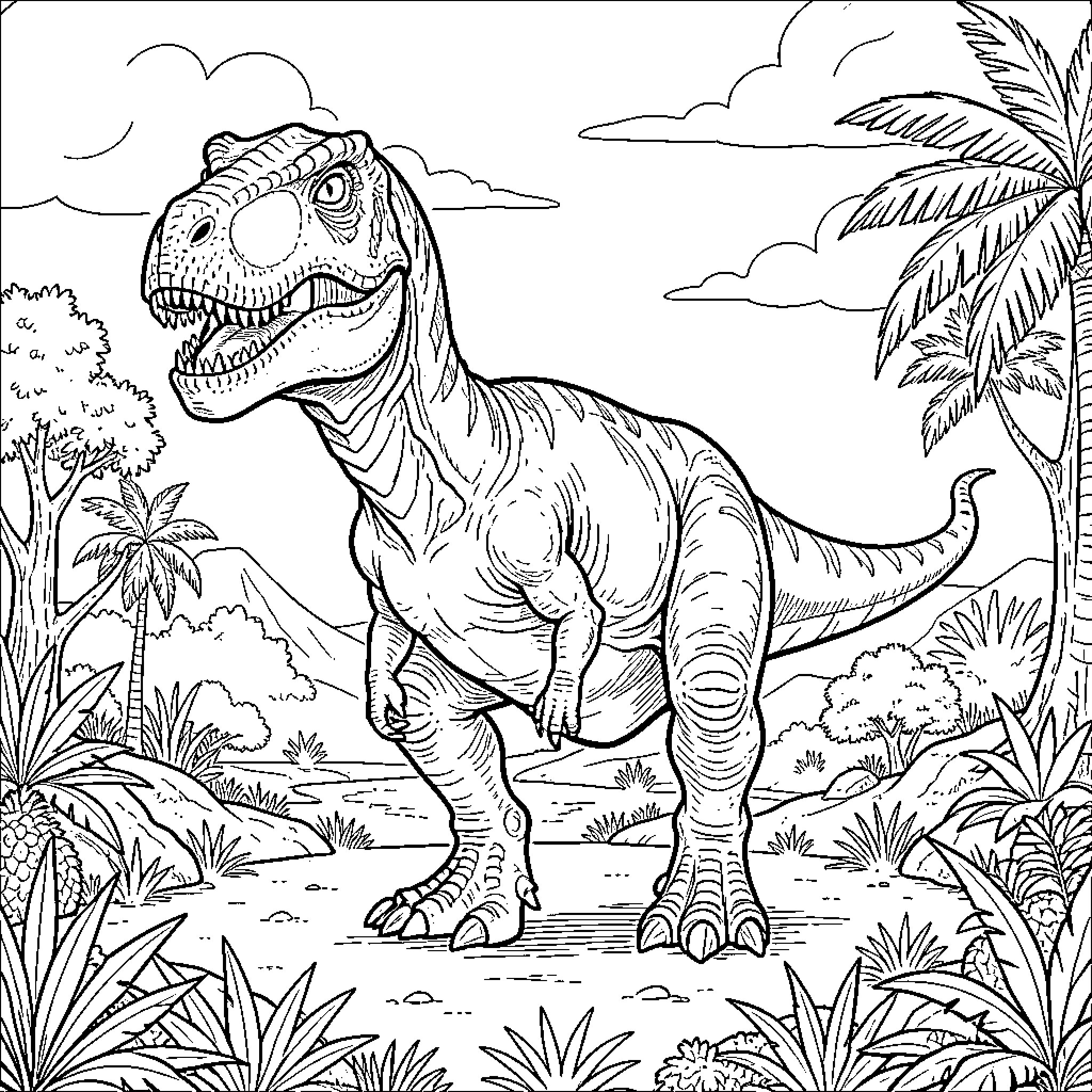 Dinosaur standing amidst tropical jungle plants and mountains Coloring Page (free black-and-white line drawing printable PDF for all, from beginners to advanced learners, including children, teens, adults, and seniors)