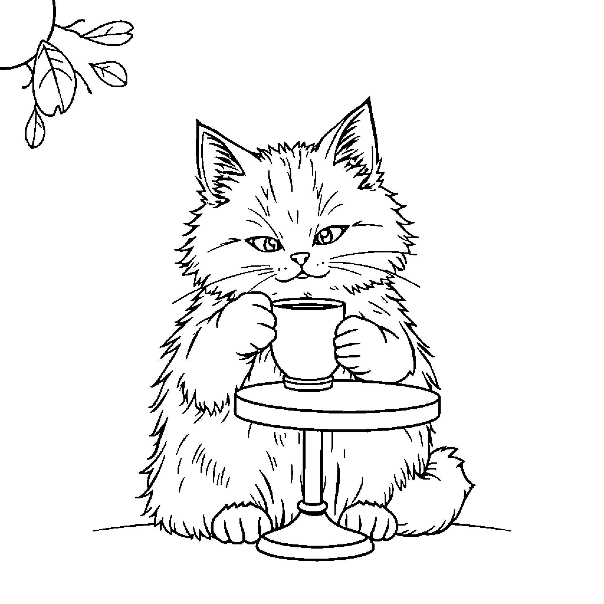 Cat drinking coffee at a table Coloring Page (free black-and-white line drawing printable PDF for all, from beginners to advanced learners, including children, teens, adults, and seniors)