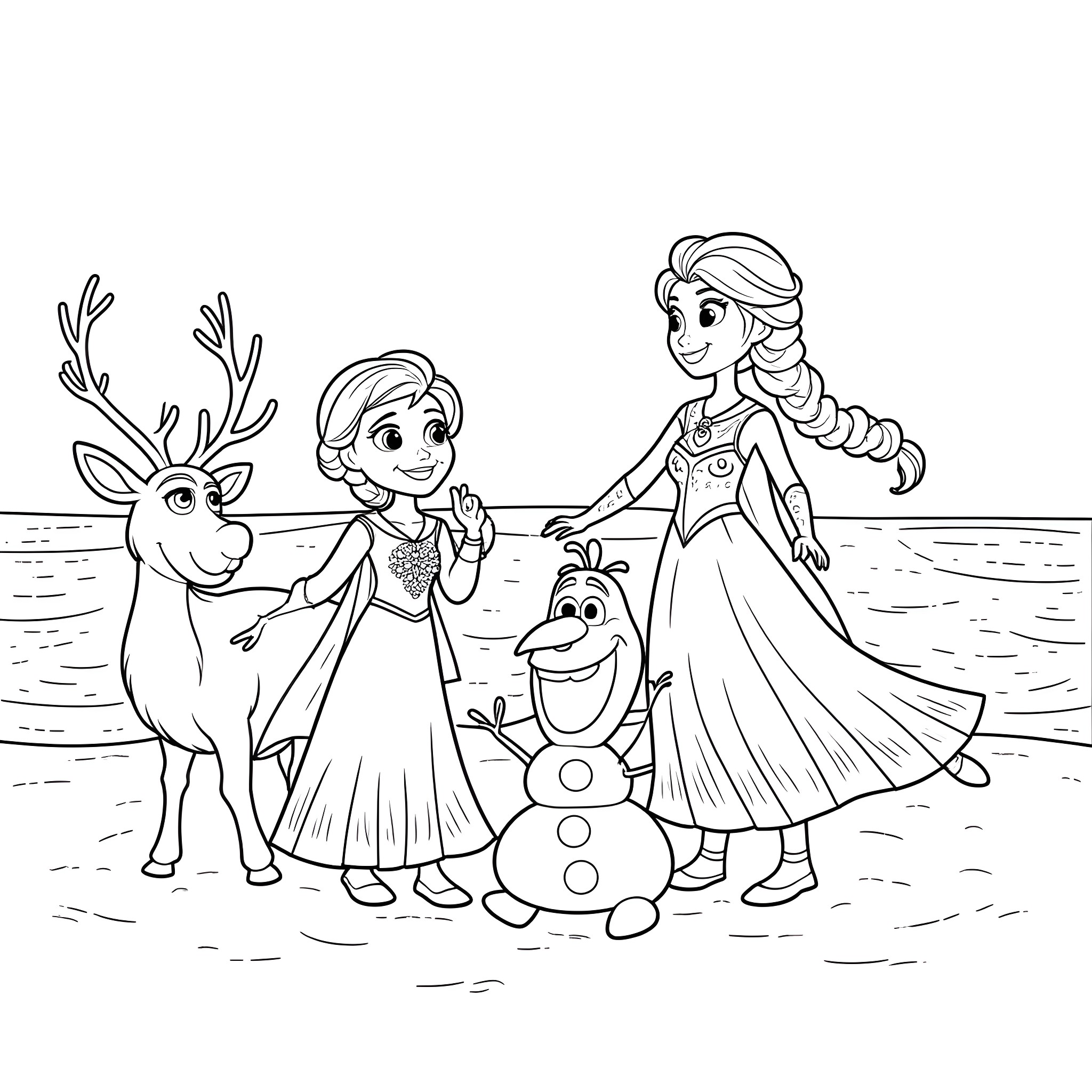 Frozen friends playing together in the snow Coloring Page (free black-and-white line drawing printable PDF for all, from beginners to advanced learners, including children, teens, adults, and seniors)
