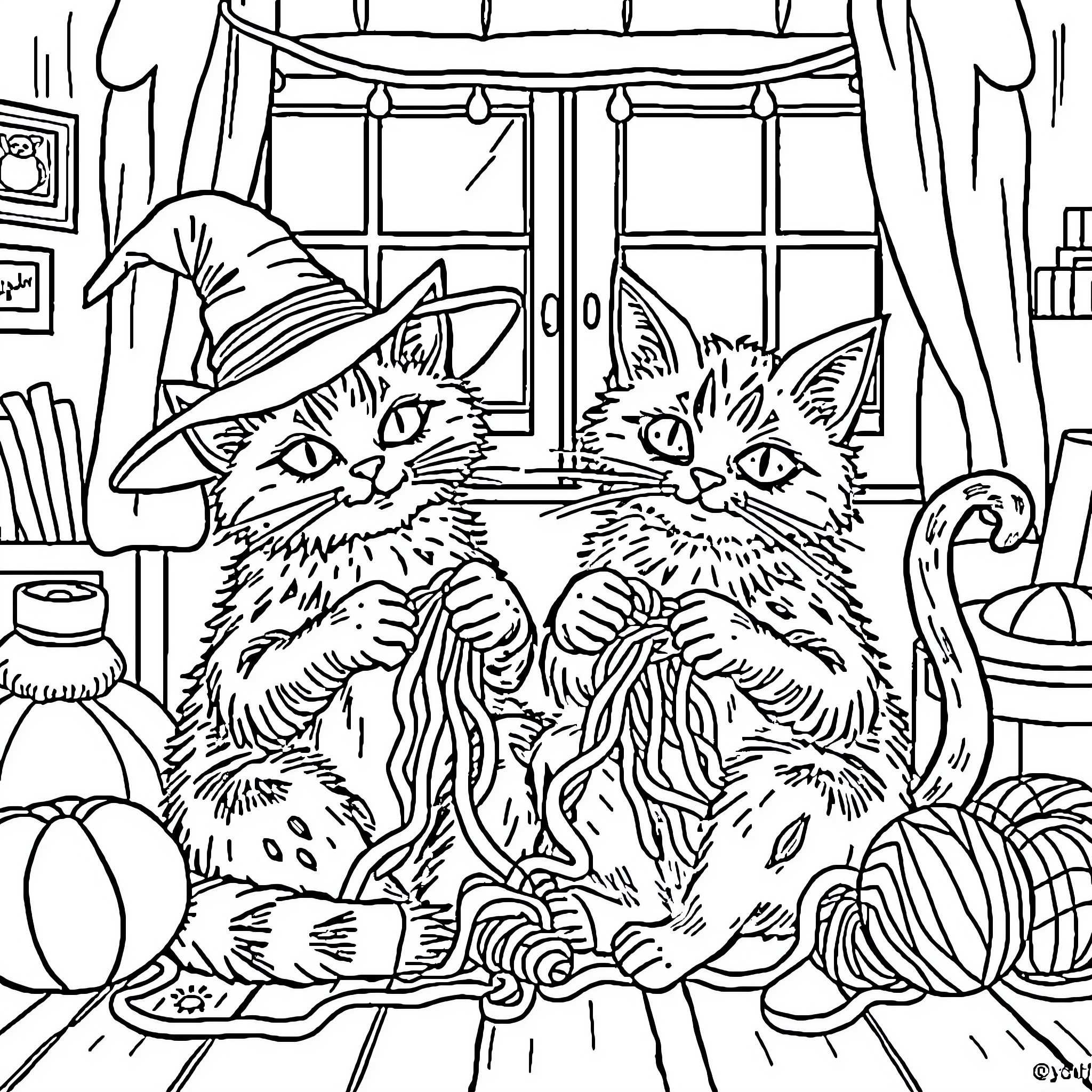 Cats in witchy outfits enjoying the cozy indoors Coloring Page (free black-and-white line drawing printable PDF for all, from beginners to advanced learners, including children, teens, adults, and seniors)