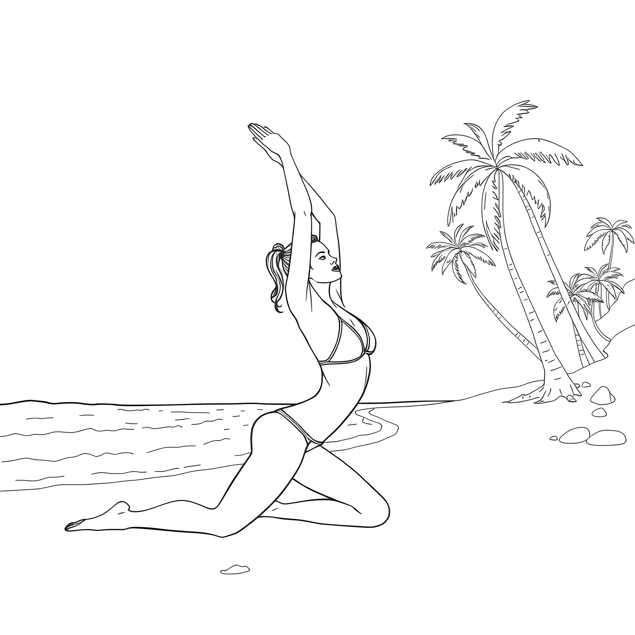 Bikini Model Posing Gracefully on the Beach Coloring Page (free black-and-white line drawing printable PDF for all, from beginners to advanced learners, including children, teens, adults, and seniors)