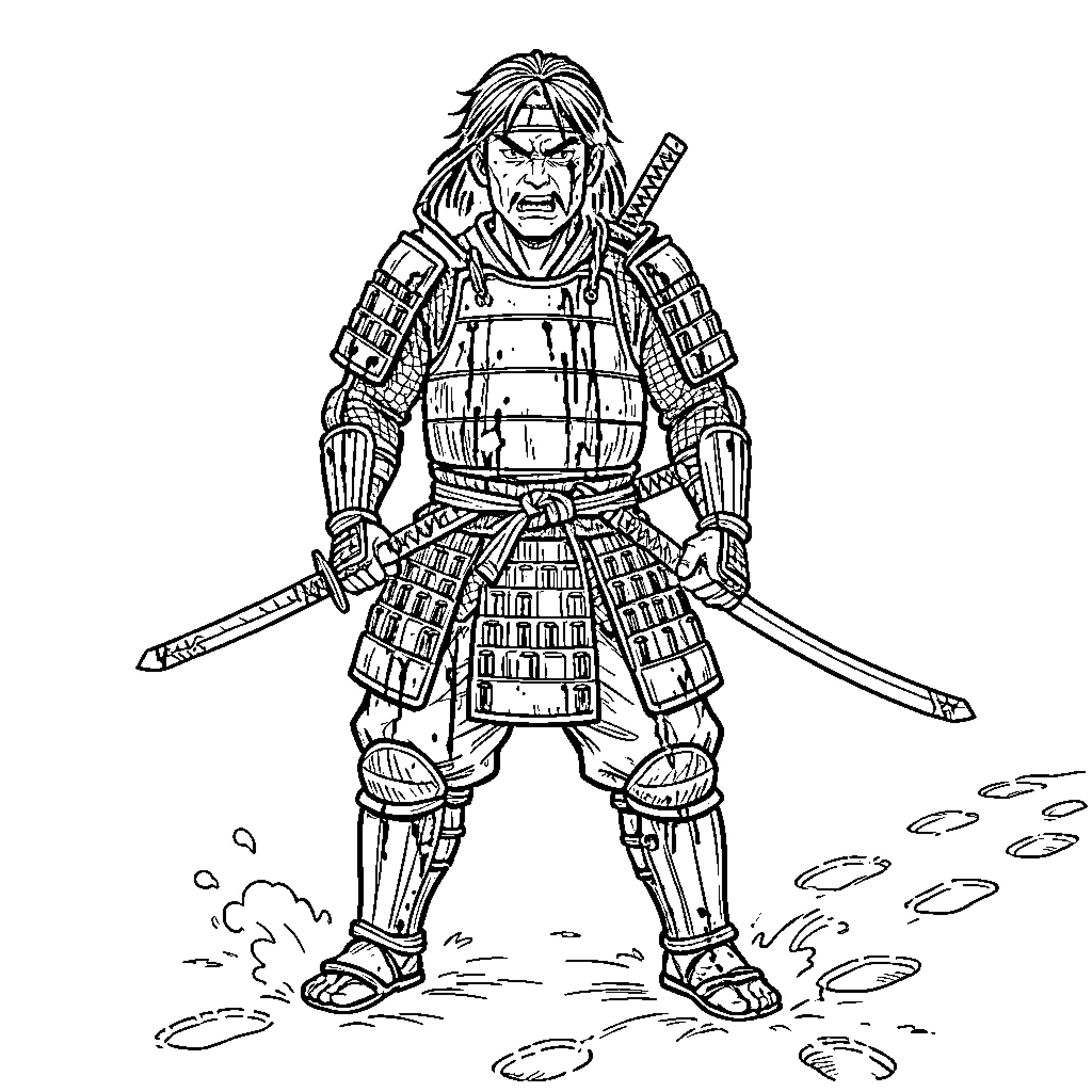 Samurai in armor wielding dual swords with fierce expression Coloring Page (free black-and-white line drawing printable PDF for all, from beginners to advanced learners, including children, teens, adults, and seniors)