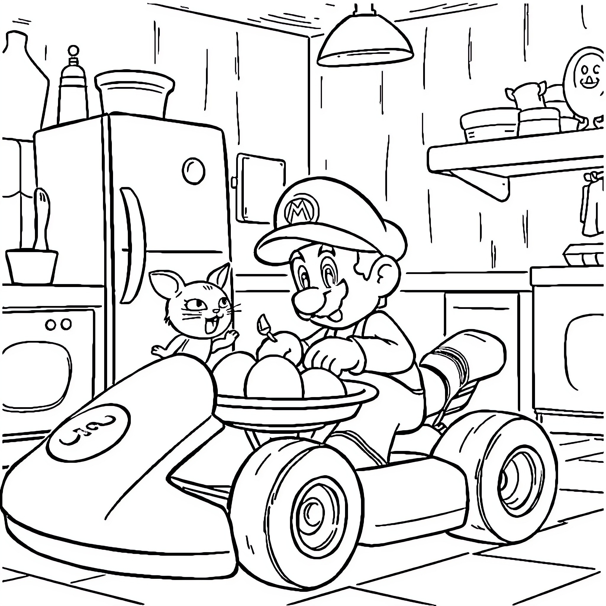 Cat Riding Toy Car with Plumber in Kitchen Coloring Page (free black-and-white line drawing printable PDF for all, from beginners to advanced learners, including children, teens, adults, and seniors)