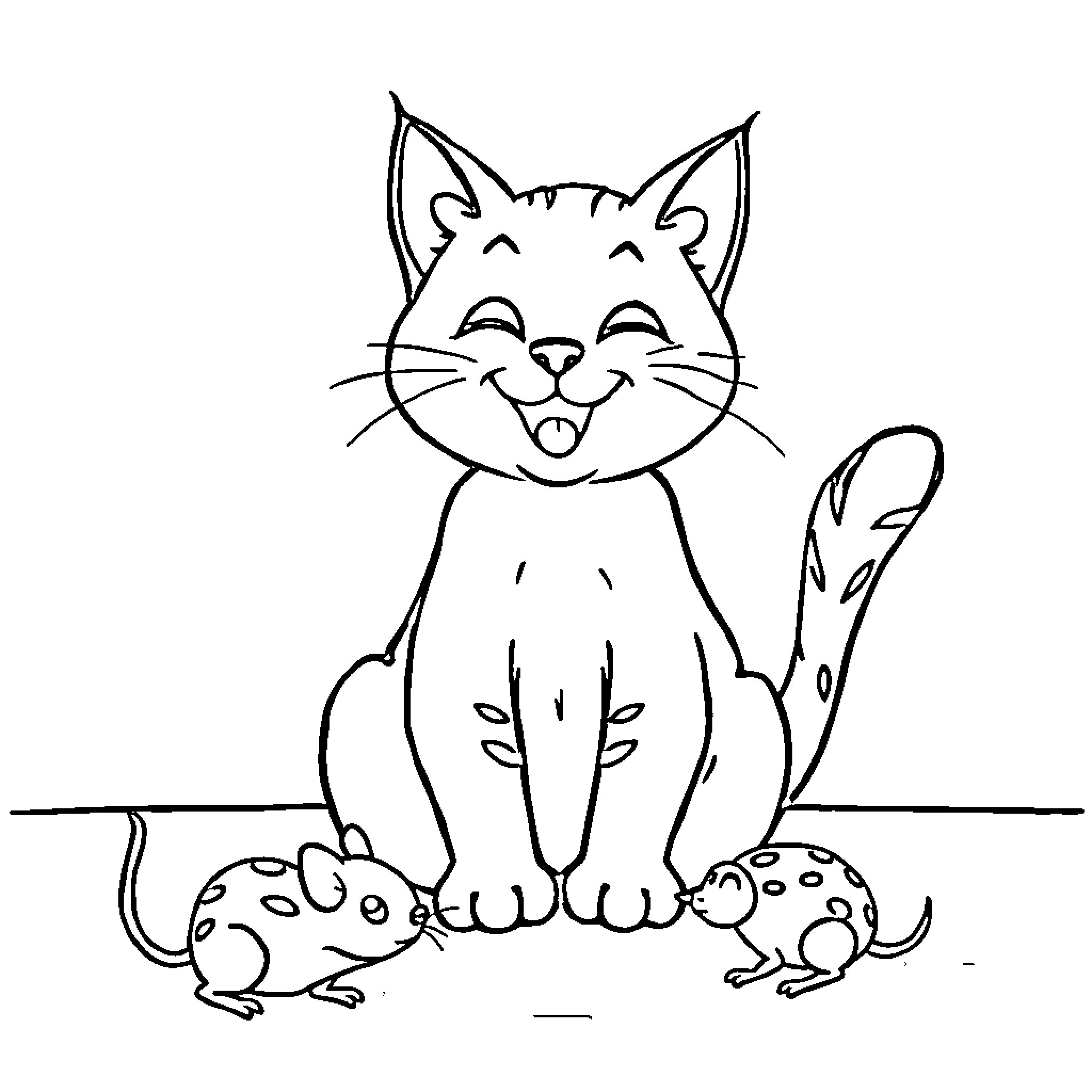 Cat playing with toys happily Coloring Page (free black-and-white line drawing printable PDF for all, from beginners to advanced learners, including children, teens, adults, and seniors)